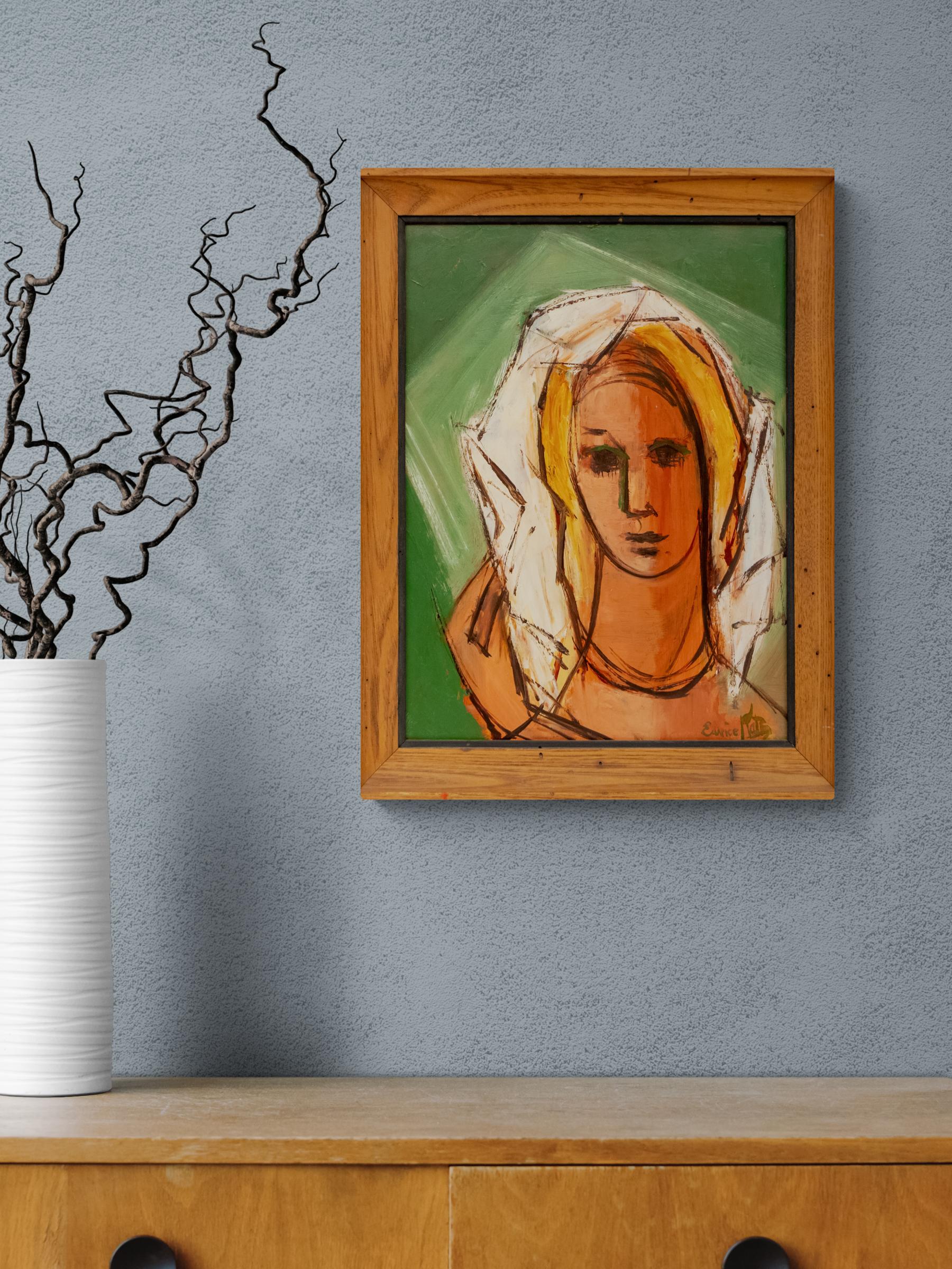 Modernist Woman Portrait - Original Acrylic Painting with Rich Green Background For Sale 5