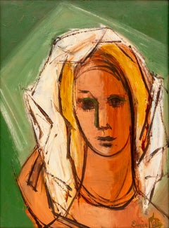 Modernist Woman Portrait - Original Acrylic Painting with Rich Green Background