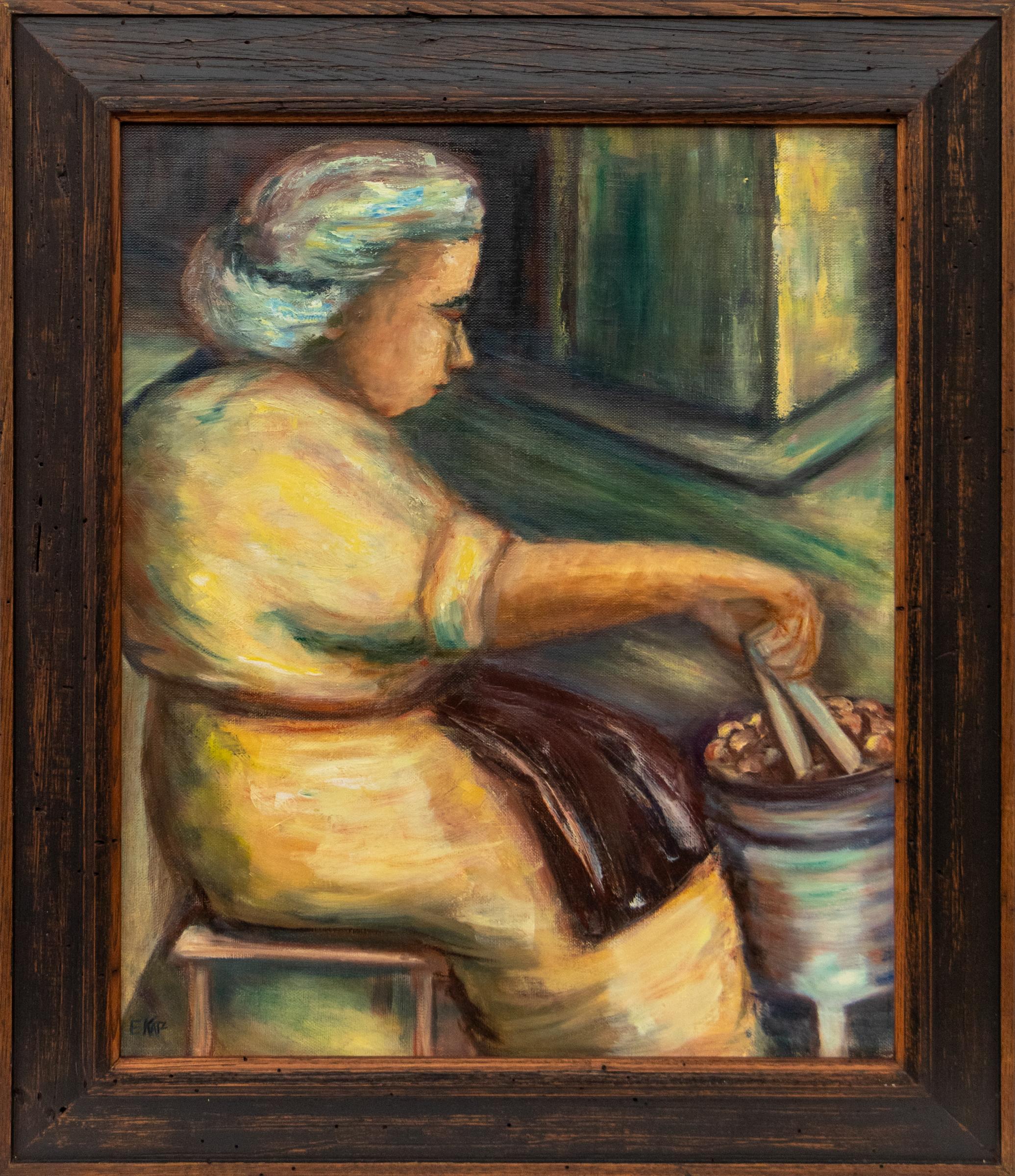 Retrato de mujer cocinando, pintura impresionista acrílica figurativa del siglo XX - Painting de Eunice Katz
