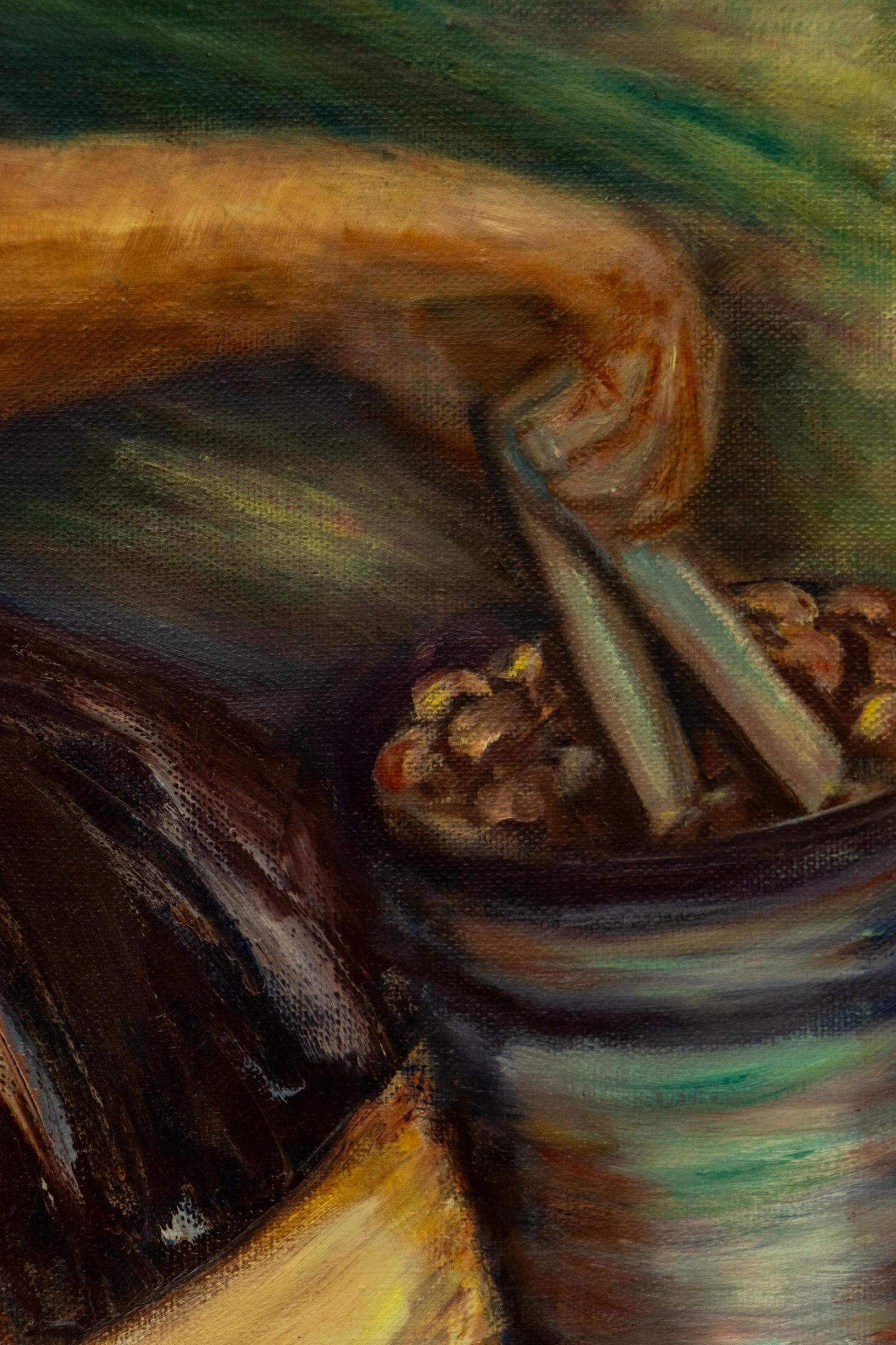 Retrato de mujer cocinando, pintura impresionista acrílica figurativa del siglo XX - Painting impresionista estadounidense de Eunice Katz