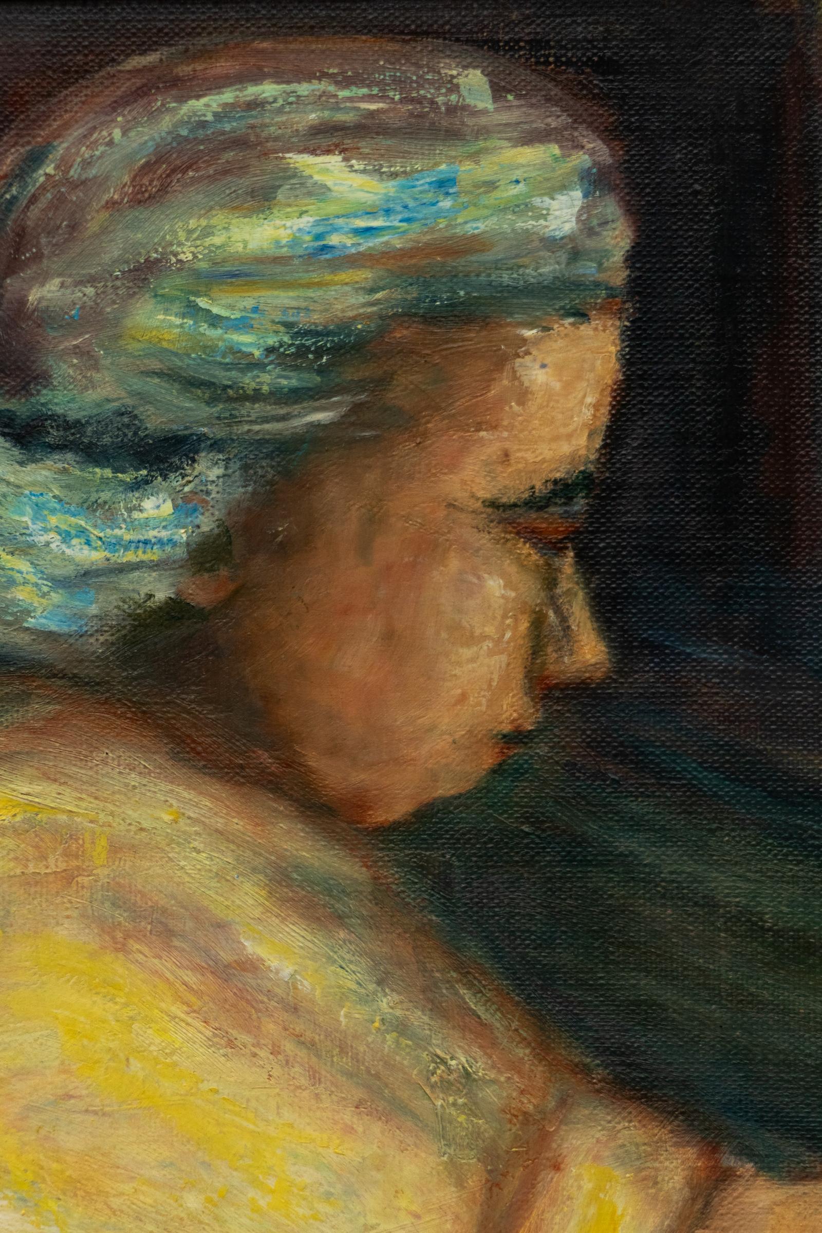 Retrato de mujer cocinando, pintura impresionista acrílica figurativa del siglo XX - Portrait Painting Negro de Eunice Katz