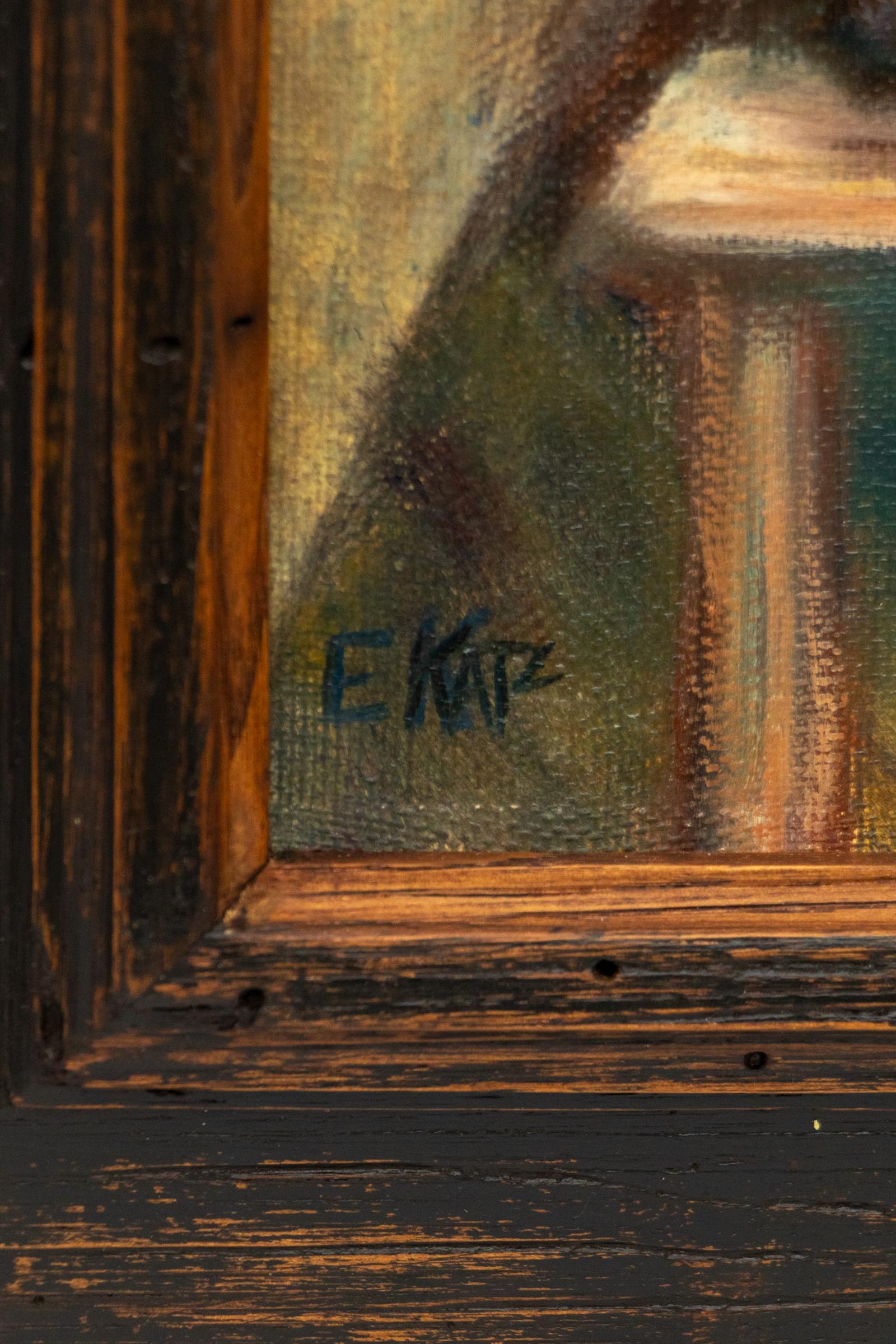 Una convincente pintura modernista original de Eunice Katz, con una escena ricamente evocadora de una anciana sentada y preparando una comida sobre una gran olla. Realizada en una paleta cálida y terrosa de beige, amarillo, marrón, verde y gris,
