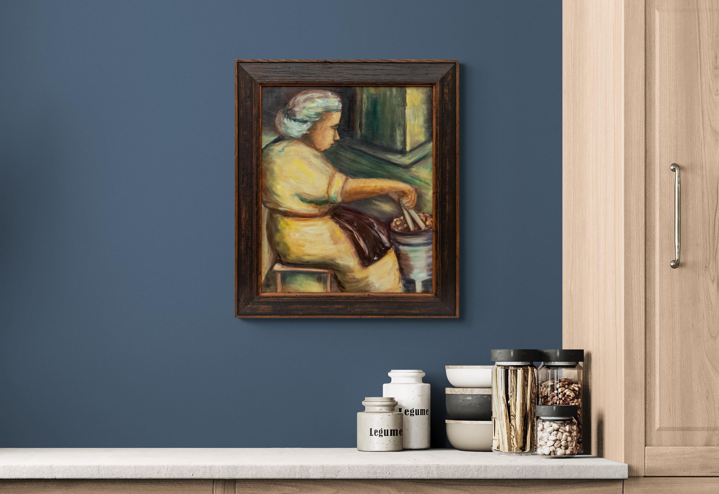 Retrato de mujer cocinando, pintura impresionista acrílica figurativa del siglo XX en venta 3