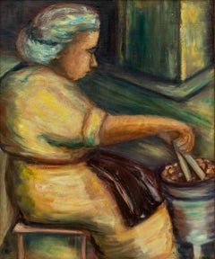 Porträt einer Frau beim Kochen, figurales impressionistisches Gemälde in Acryl, 20. Jahrhundert