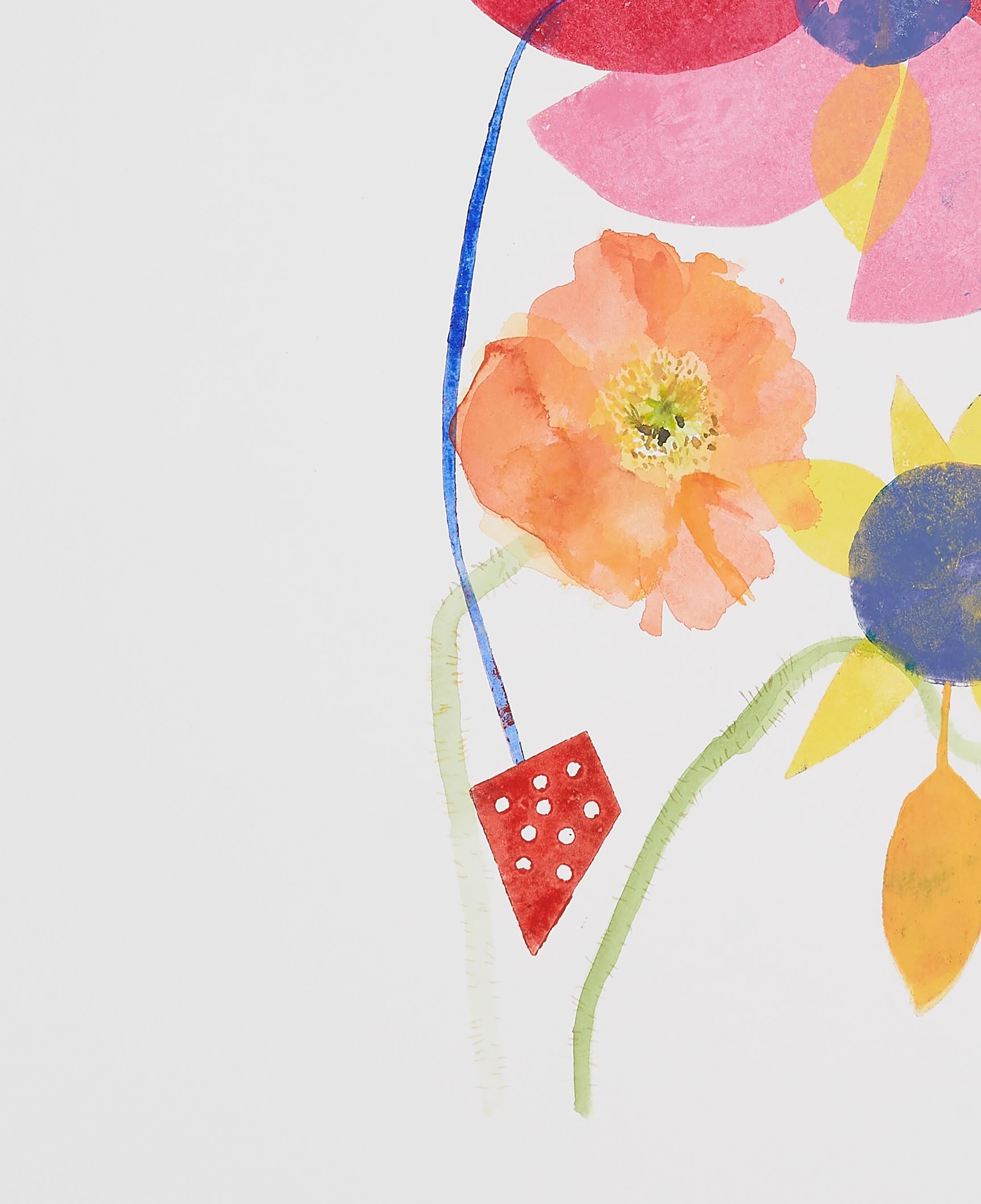 Ráfaga y Amapola (floral, naturaleza muerta, acuarela, colores vivos, flores) - Abstract Print Gris de Eunju Kang