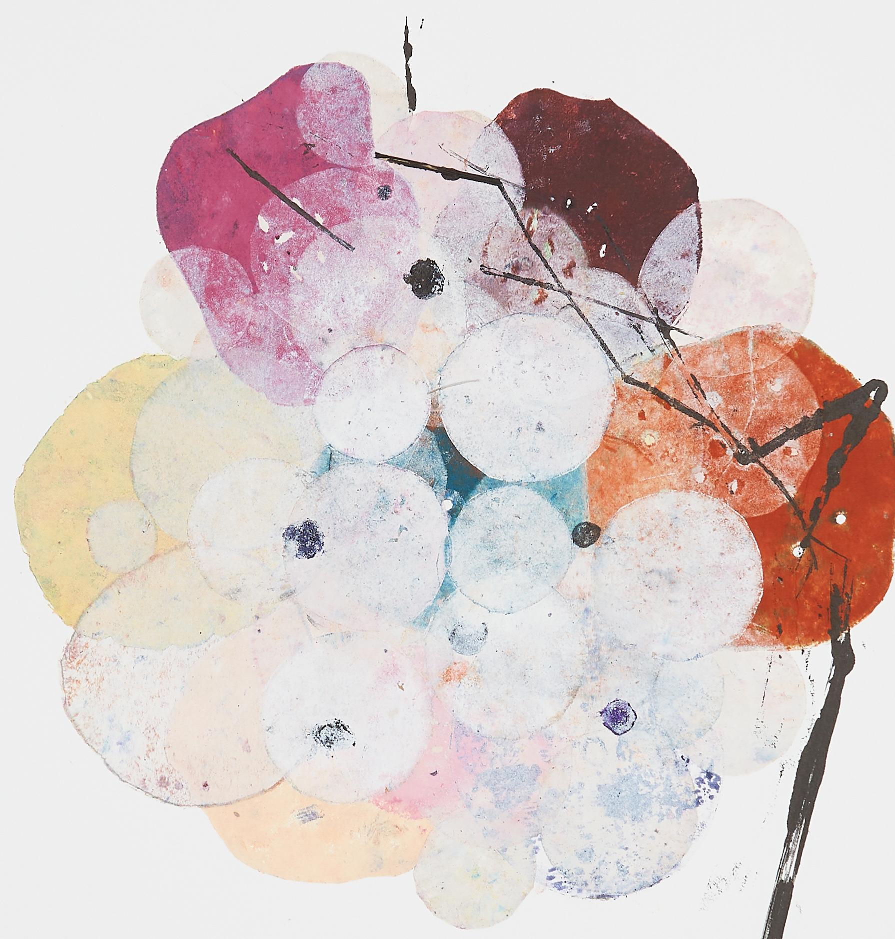 Reunidos  (floral, naturaleza muerta, acuarela, colores vivos, flores) - Abstract Print Gris de Eunju Kang