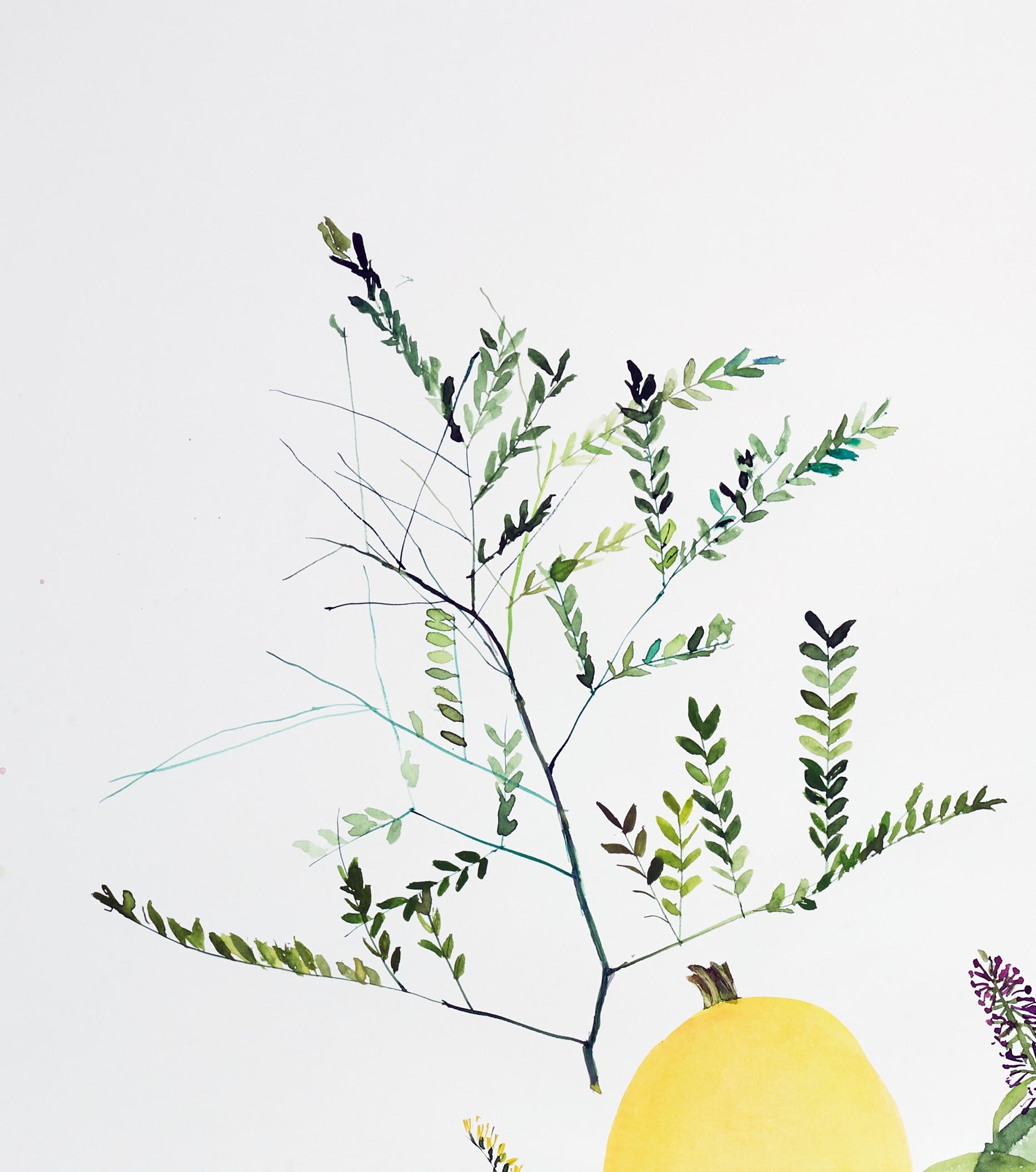 Calabaza en medio (floral, naturaleza muerta, acuarela, colores vivos, espacio en blanco) - Print Contemporáneo de Eunju Kang
