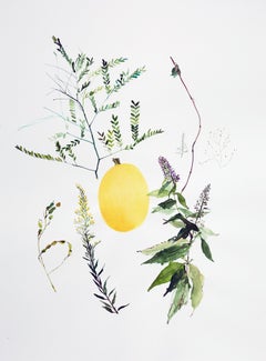 Gourde au milieu (floral, nature morte, aquarelle, couleurs vives, White/Space)