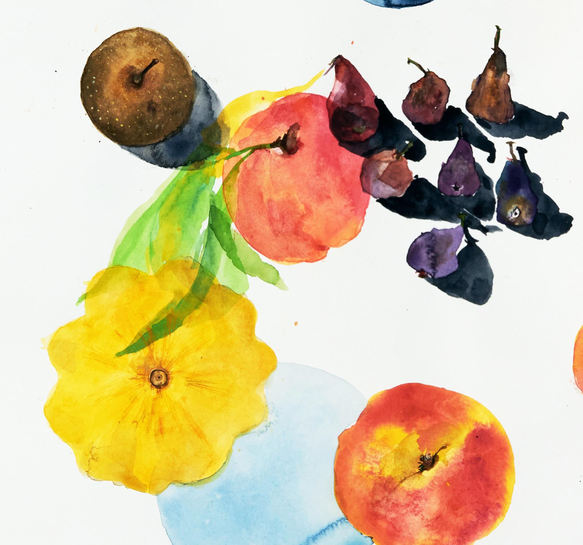 Pêches  (floral, nature morte, aquarelle, couleurs vives, fruits) - Print de Eunju Kang