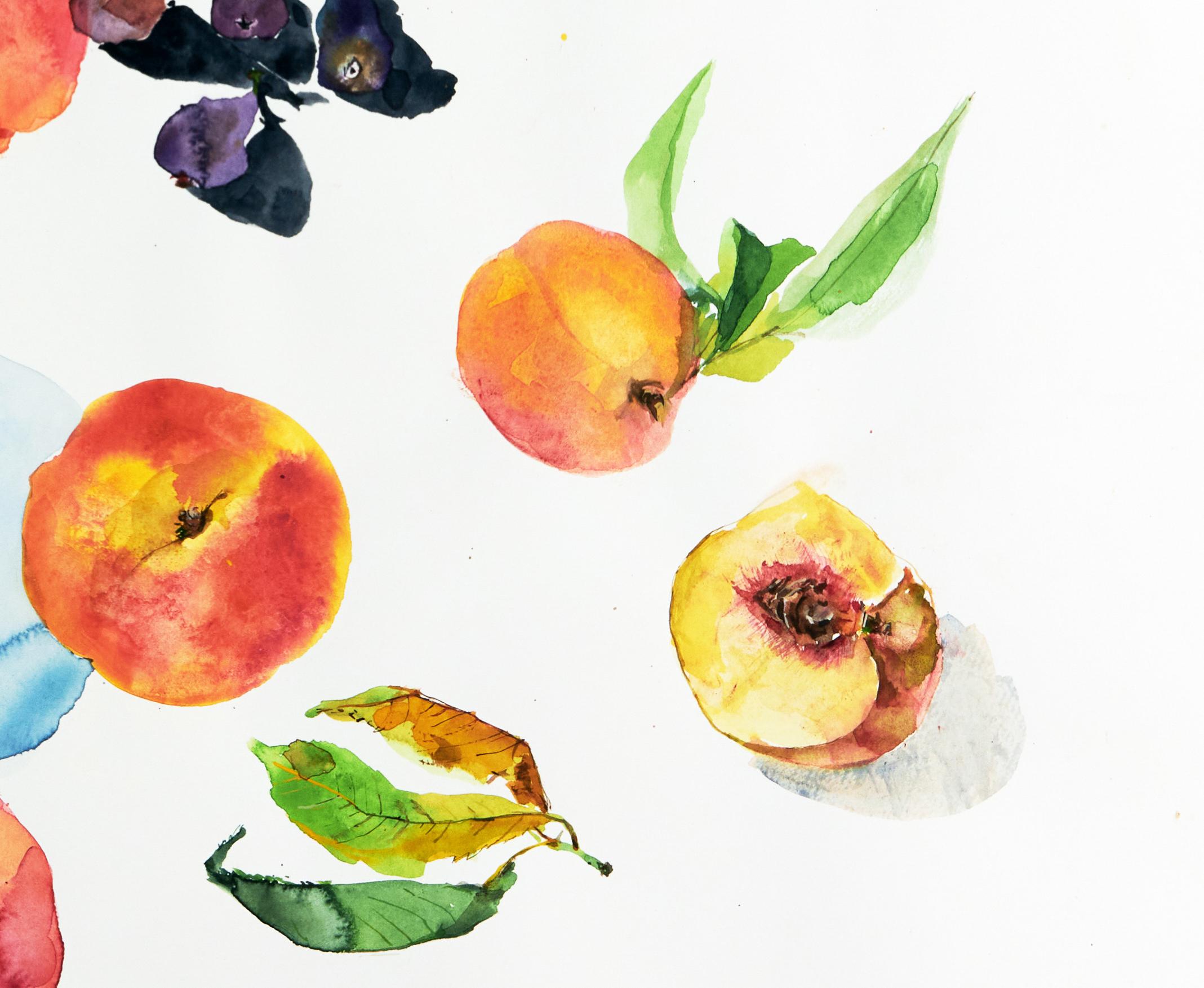 Pêches  (floral, nature morte, aquarelle, couleurs vives, fruits) - Contemporain Print par Eunju Kang