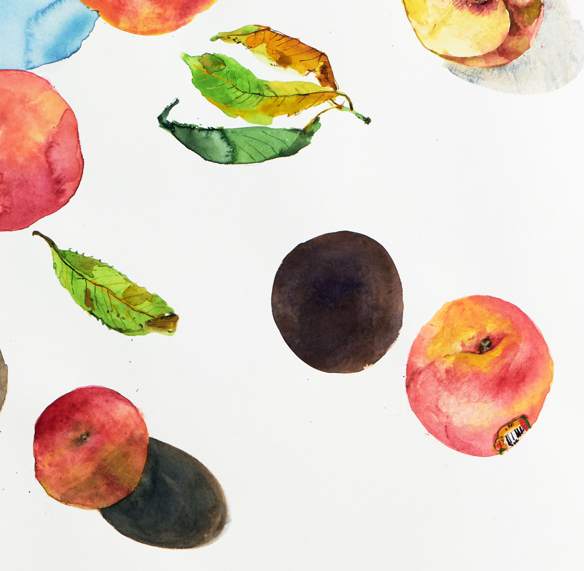 Pêches  (floral, nature morte, aquarelle, couleurs vives, fruits) - Blanc Abstract Print par Eunju Kang