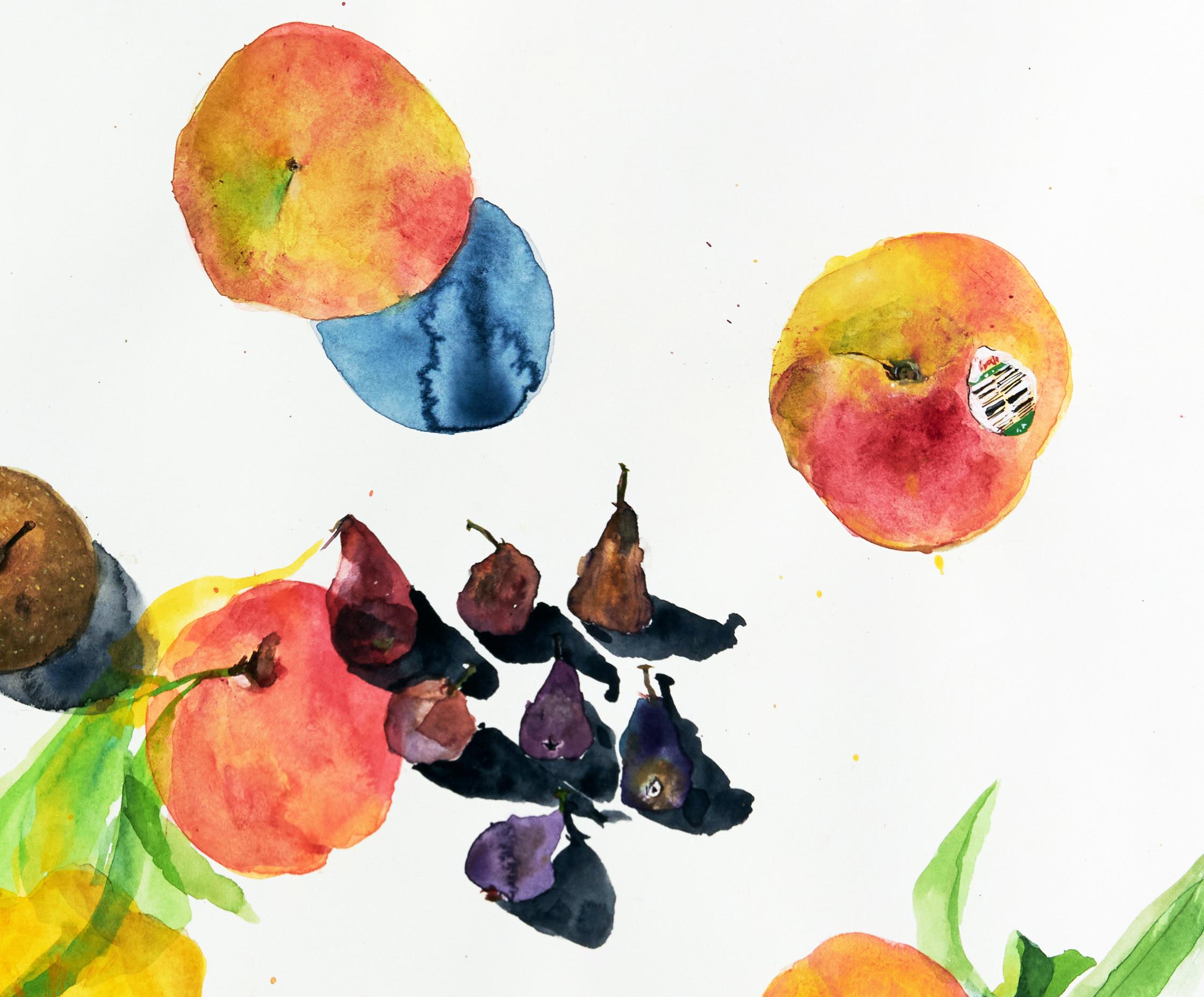 Pêches  (floral, nature morte, aquarelle, couleurs vives, fruits) en vente 1