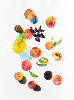 Pesche  (floreale, natura morta, acquerello, colori vivaci, frutta)