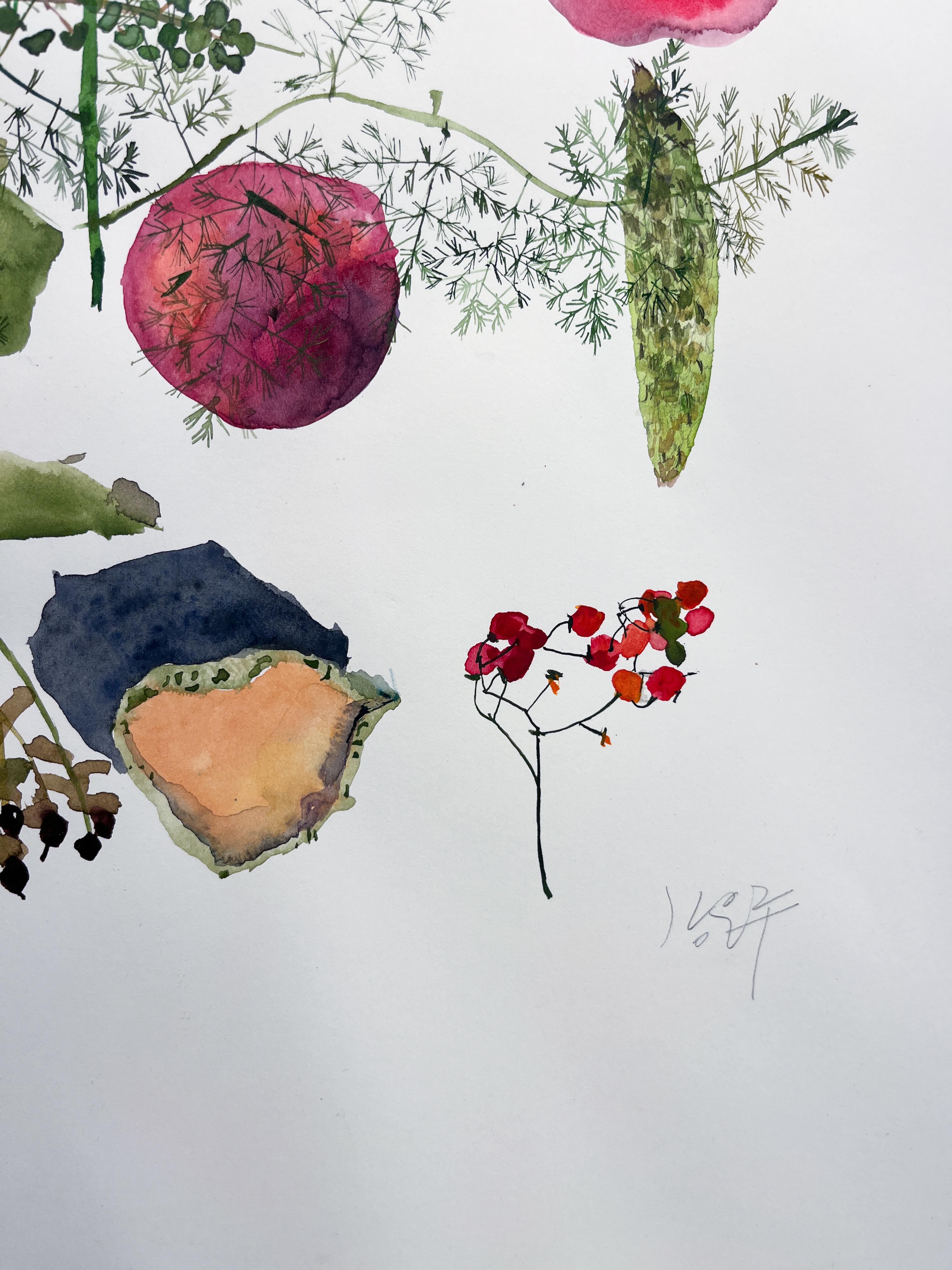 Granatäpfel und Pfirsiche  (Blumen, Stillleben, Aquarell, Blumen, Früchte) im Angebot 9