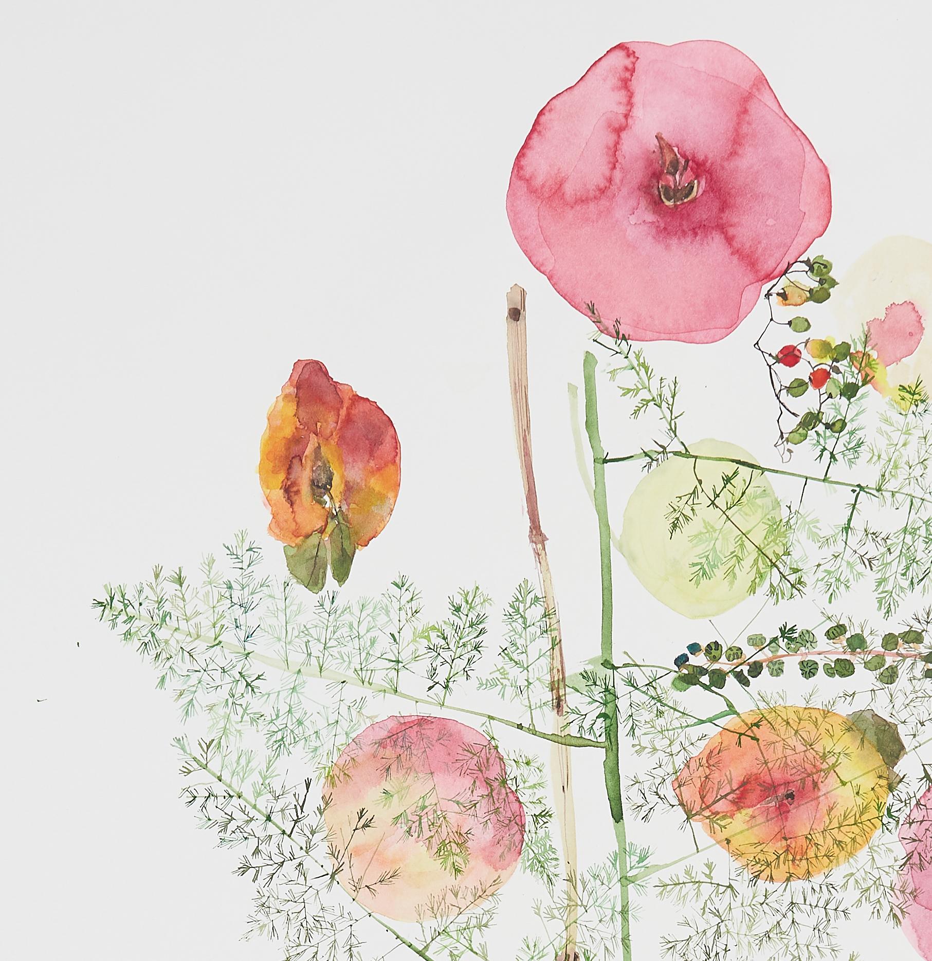 Granatäpfel und Pfirsiche  (Blumen, Stillleben, Aquarell, Blumen, Früchte) – Print von Eunju Kang