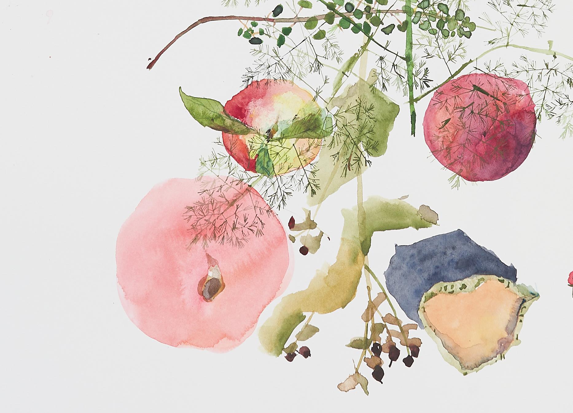 Granatäpfel und Pfirsiche  (Blumen, Stillleben, Aquarell, Blumen, Früchte) (Grau), Abstract Print, von Eunju Kang