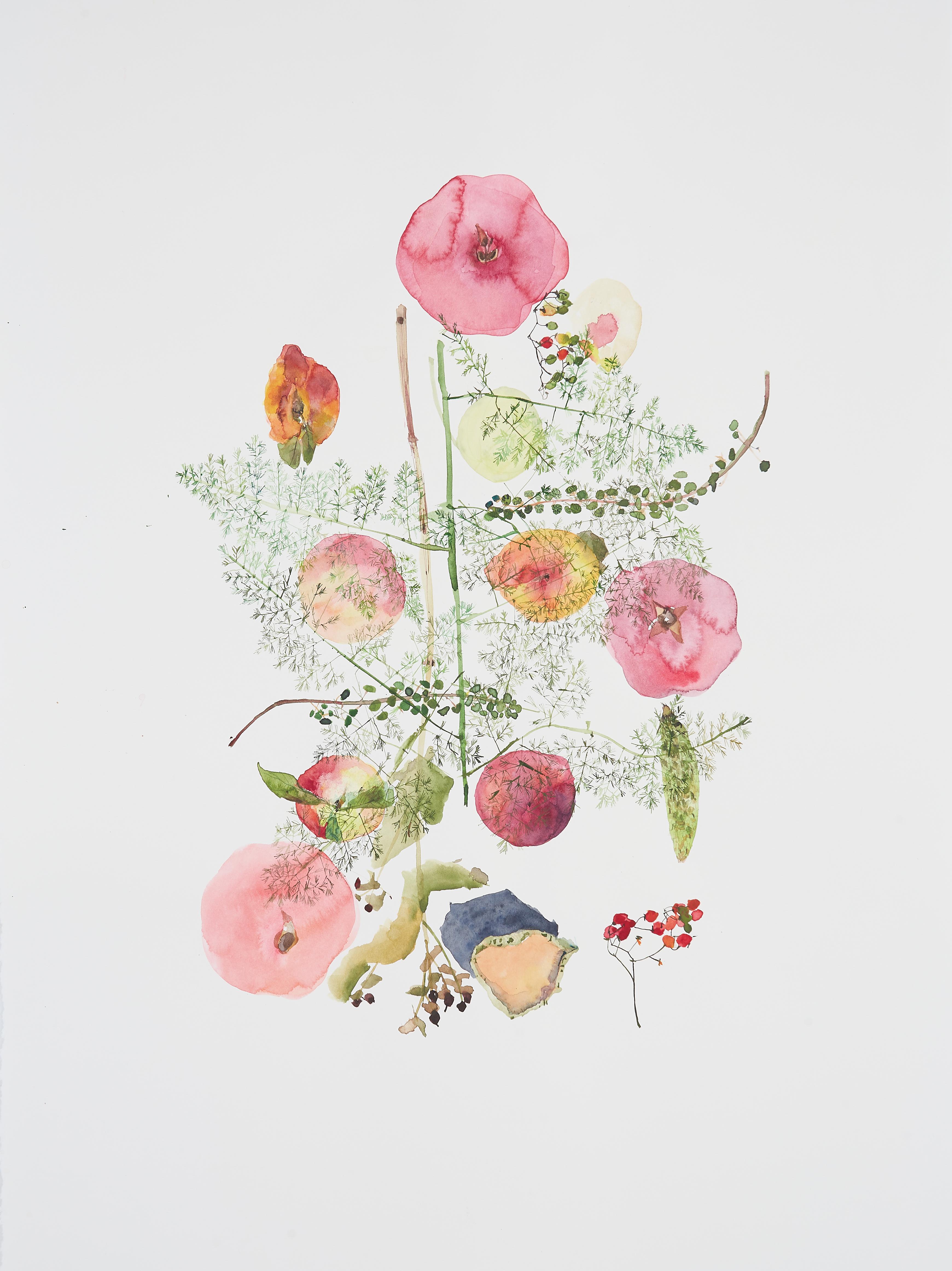 Grenades et pêches  (floral, nature morte, aquarelle, fleurs, fruits)