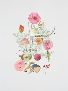 Grenades et pêches  (floral, nature morte, aquarelle, fleurs, fruits)