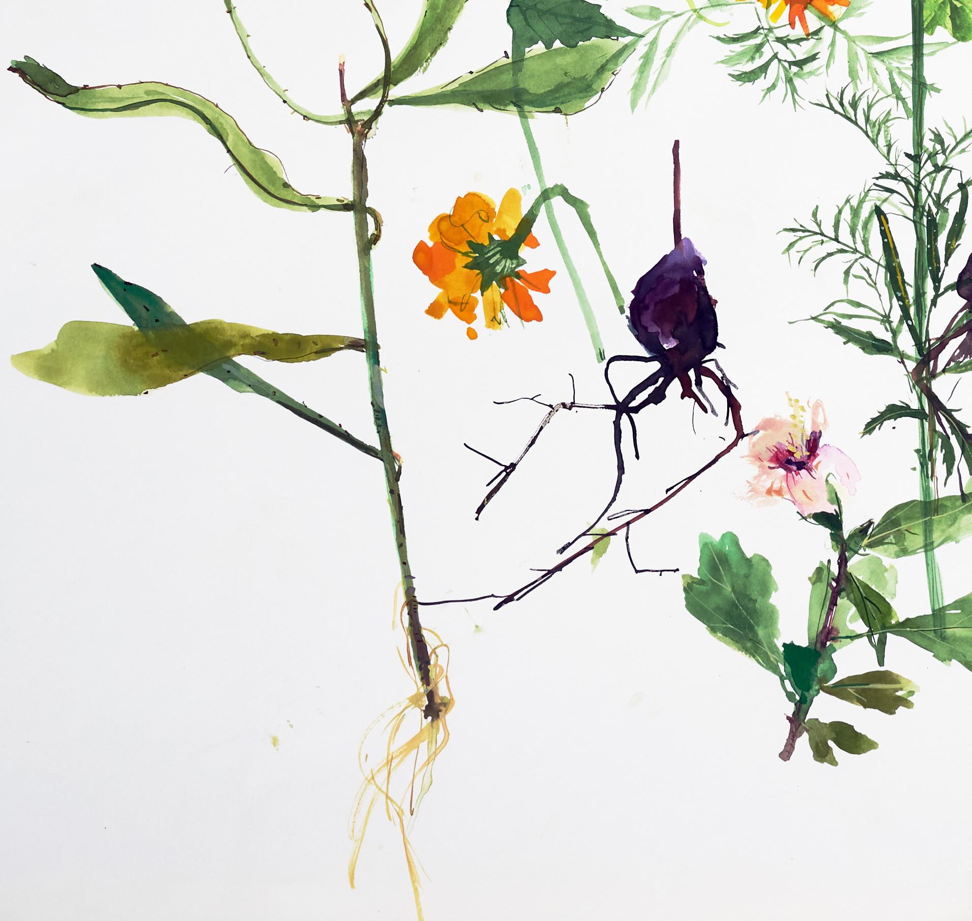 Sin título (floral, naturaleza muerta, acuarela, colores vivos, espacio en blanco, flores) - Print de Eunju Kang