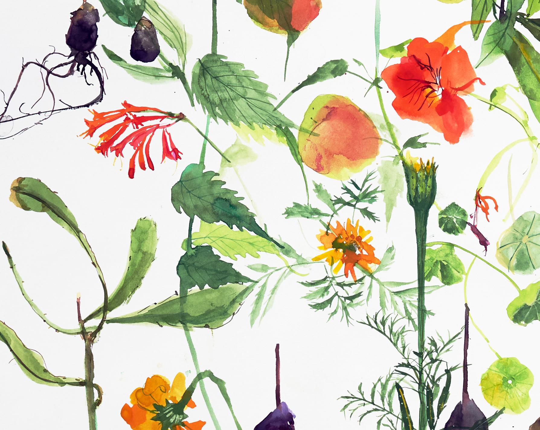 Sin título (floral, naturaleza muerta, acuarela, colores vivos, espacio en blanco, flores) - Print Contemporáneo de Eunju Kang