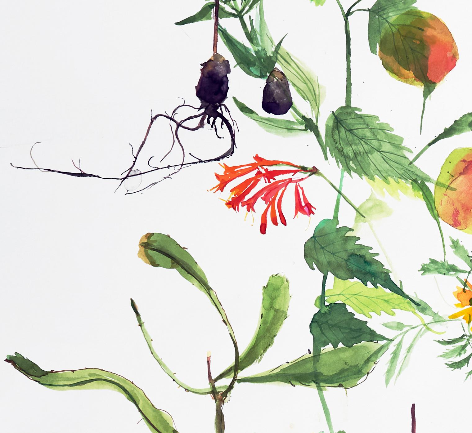 Sin título (floral, naturaleza muerta, acuarela, colores vivos, espacio en blanco, flores) - Still-Life Print Gris de Eunju Kang