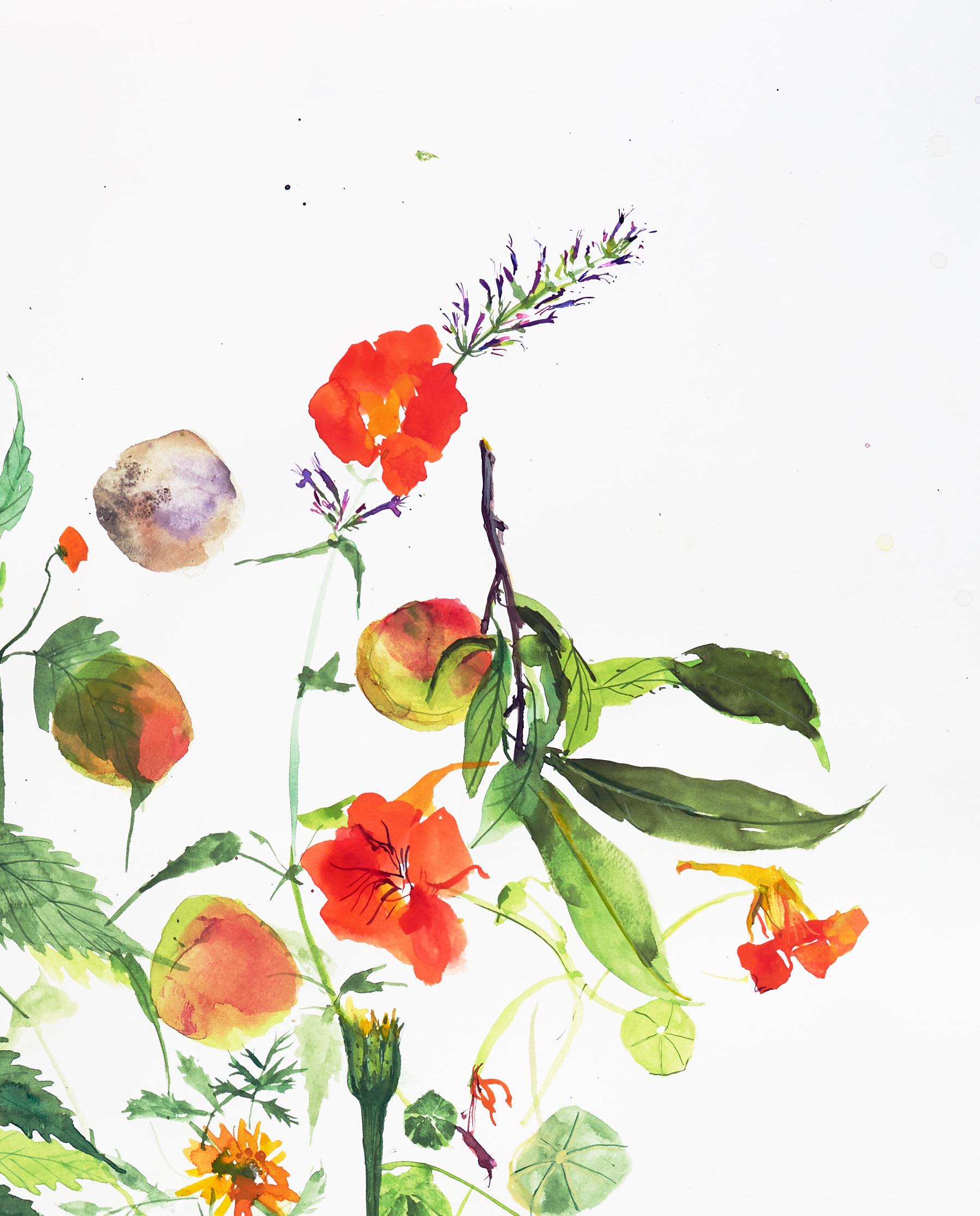 Sin título (floral, naturaleza muerta, acuarela, colores vivos, espacio en blanco, flores) en venta 1