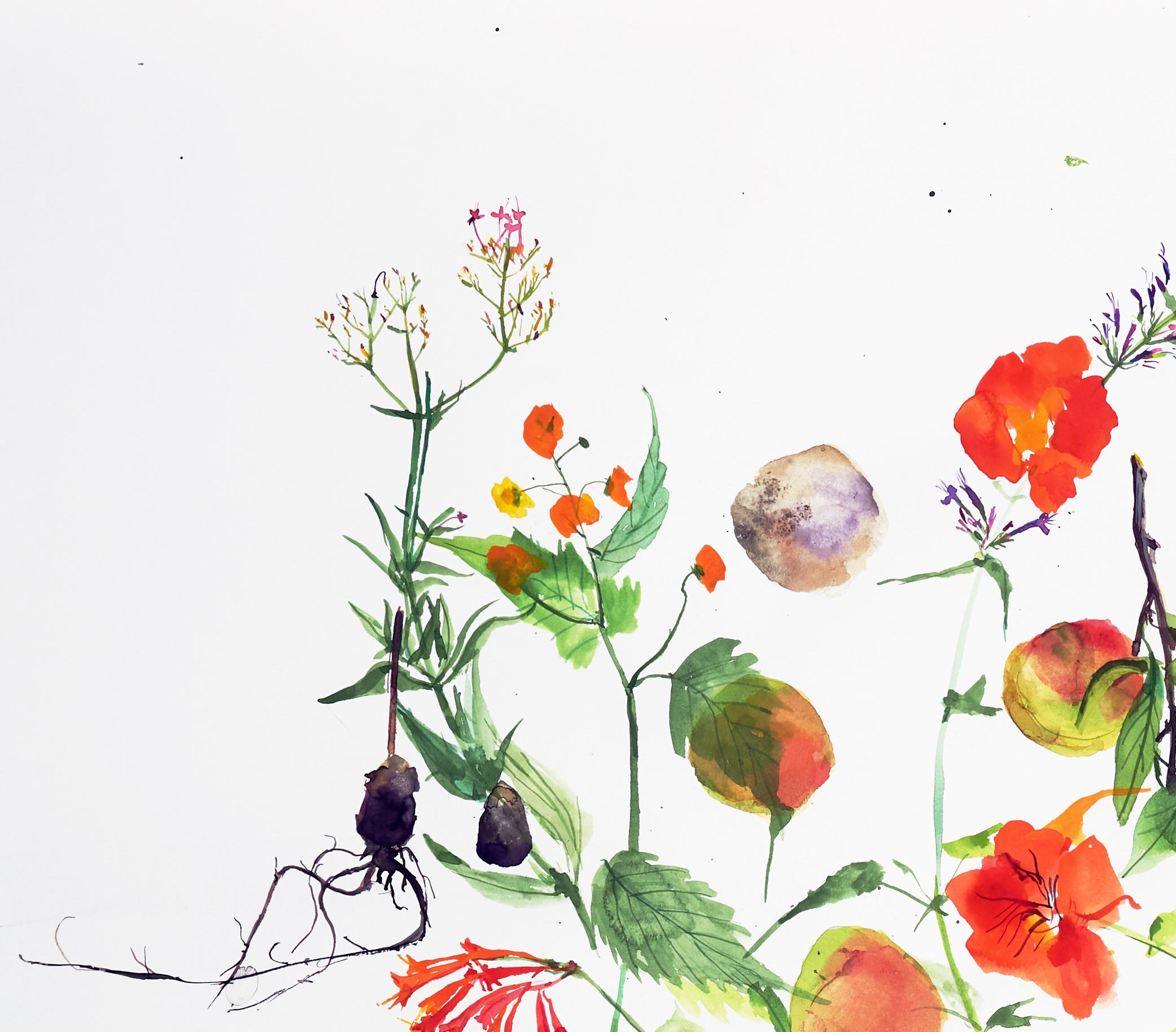 Sin título (floral, naturaleza muerta, acuarela, colores vivos, espacio en blanco, flores) en venta 2