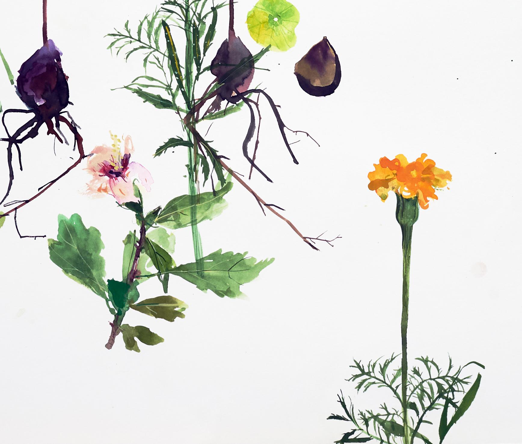Sin título (floral, naturaleza muerta, acuarela, colores vivos, espacio en blanco, flores) en venta 3