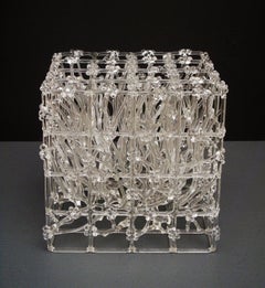 "The Cube of Barrier" Flameworked Glass Sculpture with Flowers by Eunsuh Choi