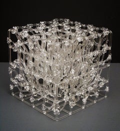 "The Cube of Barrier" Flameworked Glass Sculpture with Flowers by Eunsuh Choi