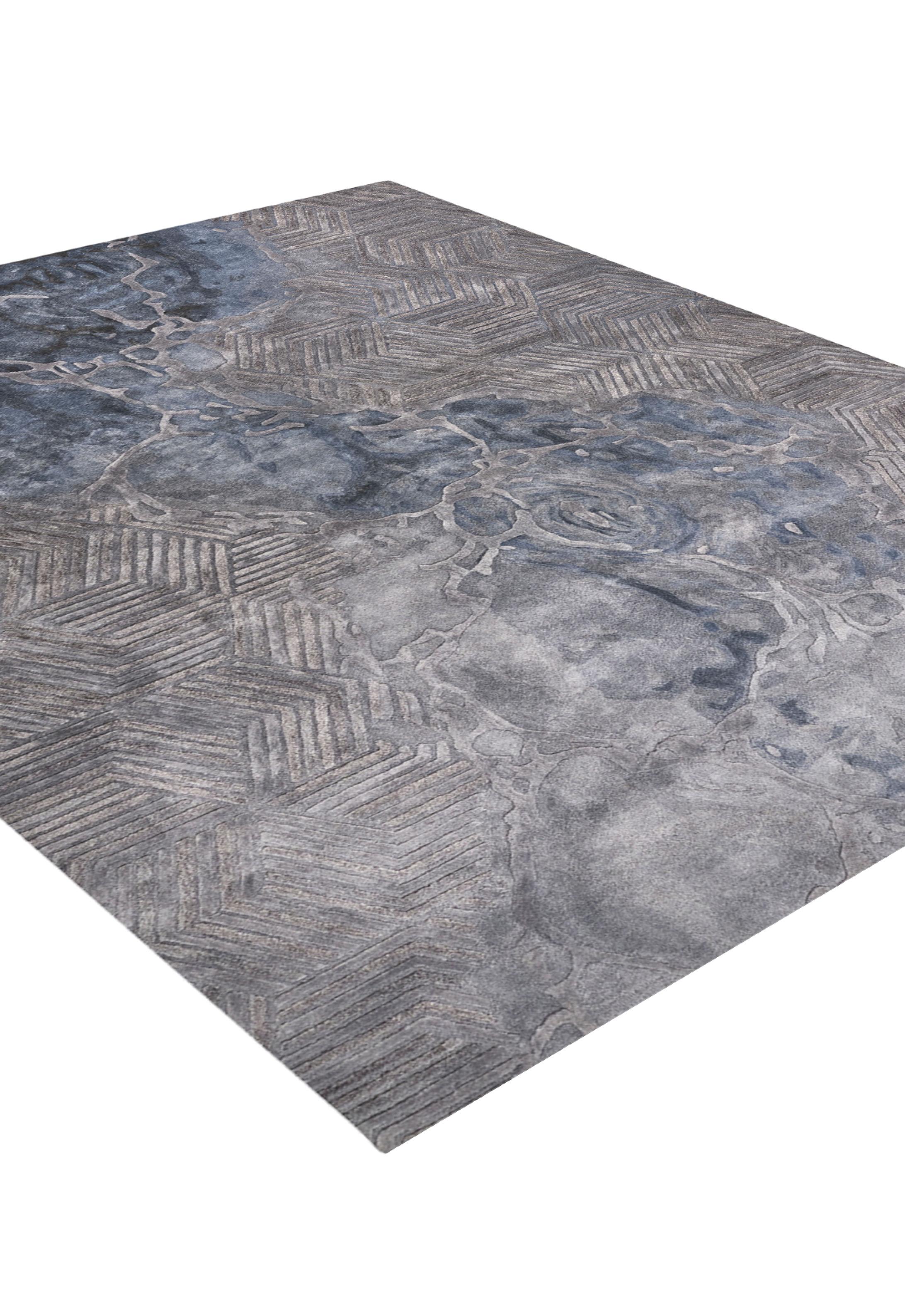 Contemporary Euphoria Hand Tufted Modern Silk Rug in Gold Grey & Blue Grey Colours by Hands For Sale