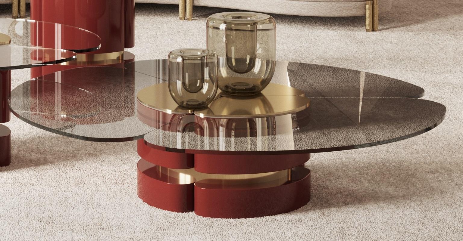 Euphoria Large Center Table by Memoir Essence
Dimensions: D 120 x W 120 x H 27 cm.
Materials: Polished brass, lacquer and glass.

Available in different sizes. Please contact us.

Memoir presents the new center table set Euphoria. Dynamic, and
