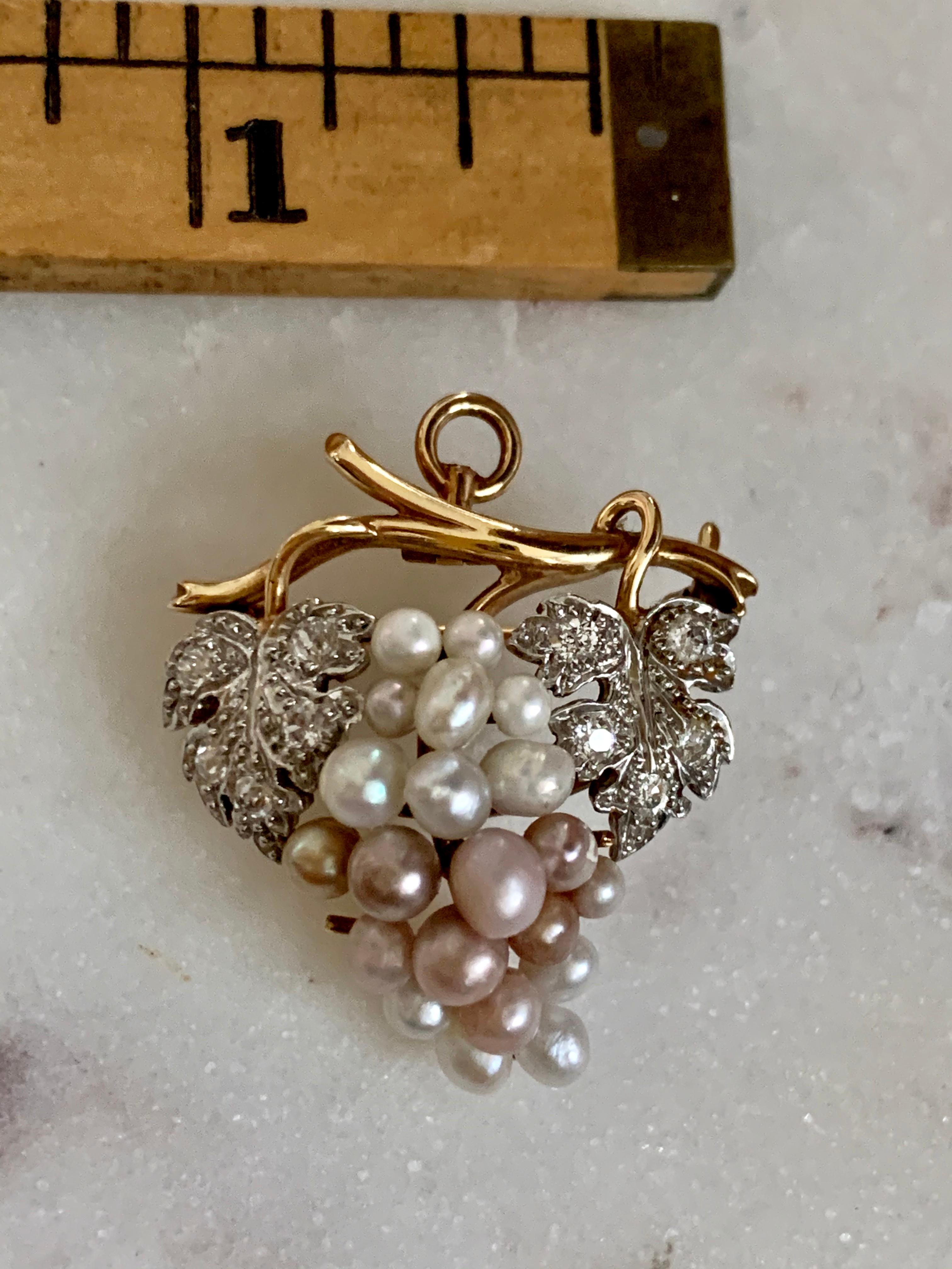 Euro Cut Diamond and Pearl Grape Design 14 Karat Yellow Gold Pendant Brooch Pin 1