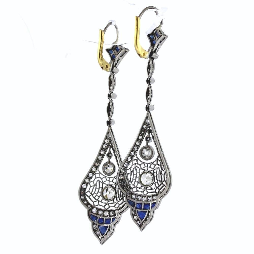 Boucles d'oreilles en diamant taille européenne avec accents de saphir Pour femmes en vente