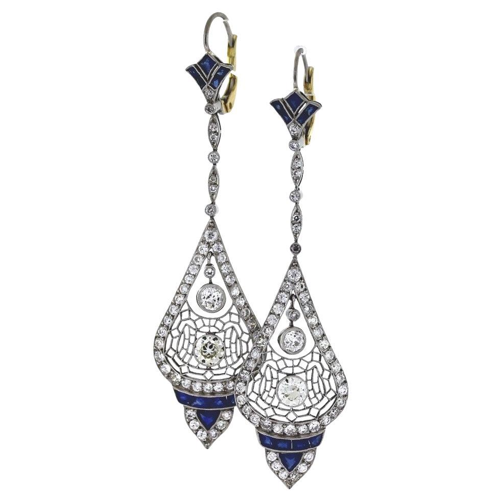 Boucles d'oreilles en diamant taille européenne avec accents de saphir en vente
