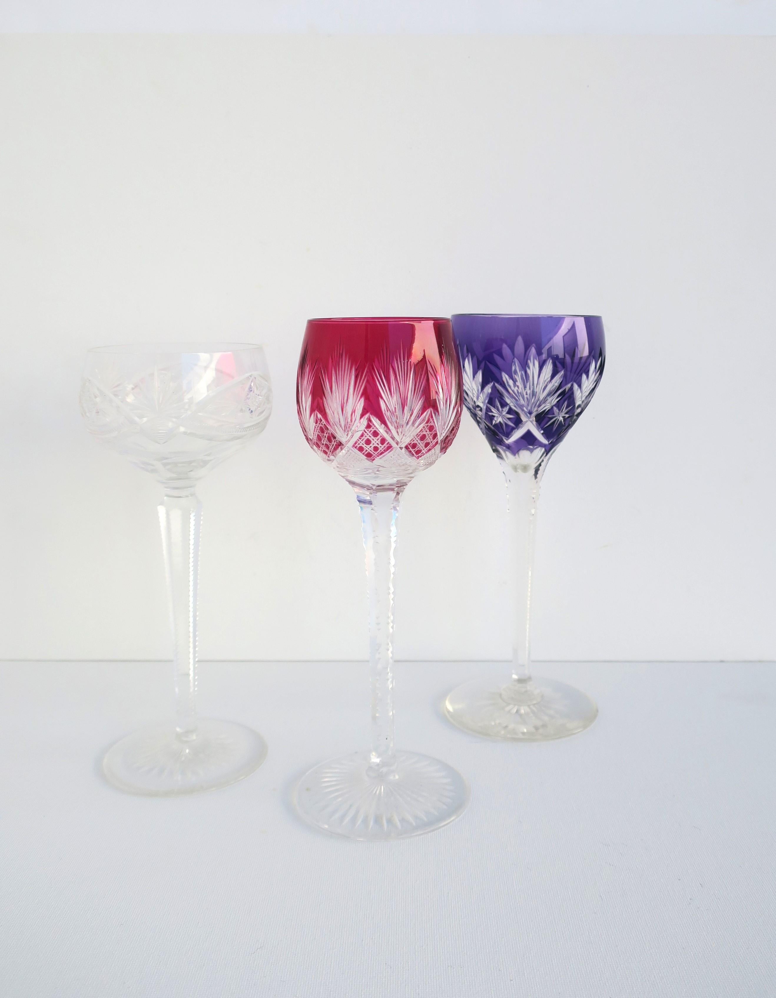 Euro Czech Colorful Cut to Clear Wine or Cocktail Glasses, Set of 3 In Good Condition For Sale In New York, NY