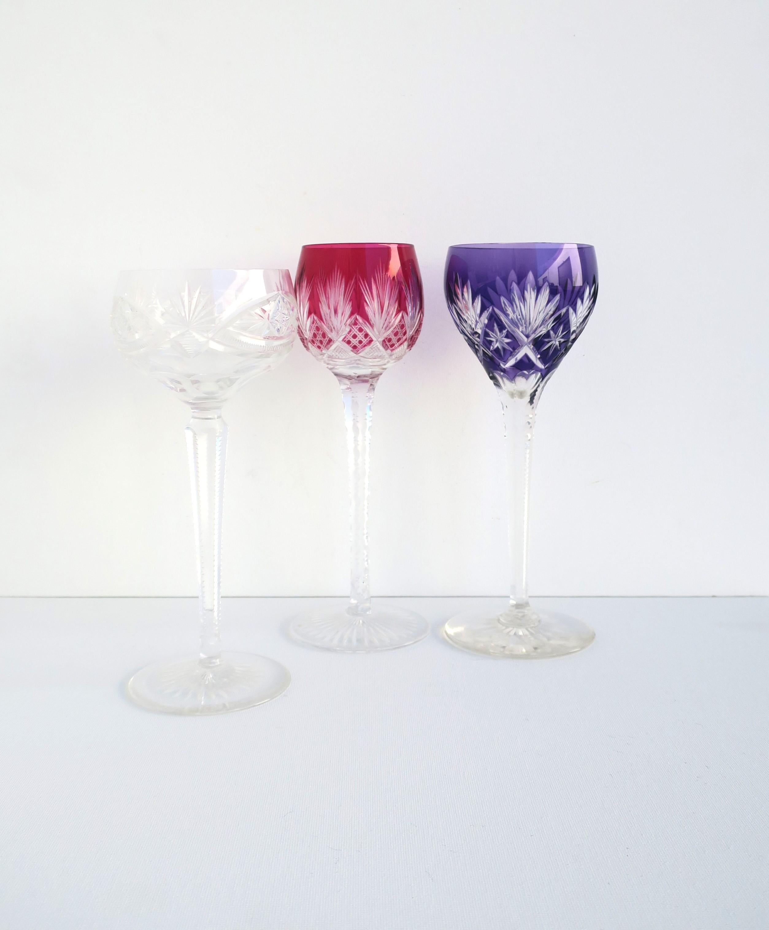 Crystal Euro Czech Colorful Cut to Clear Wine or Cocktail Glasses, Set of 3 For Sale