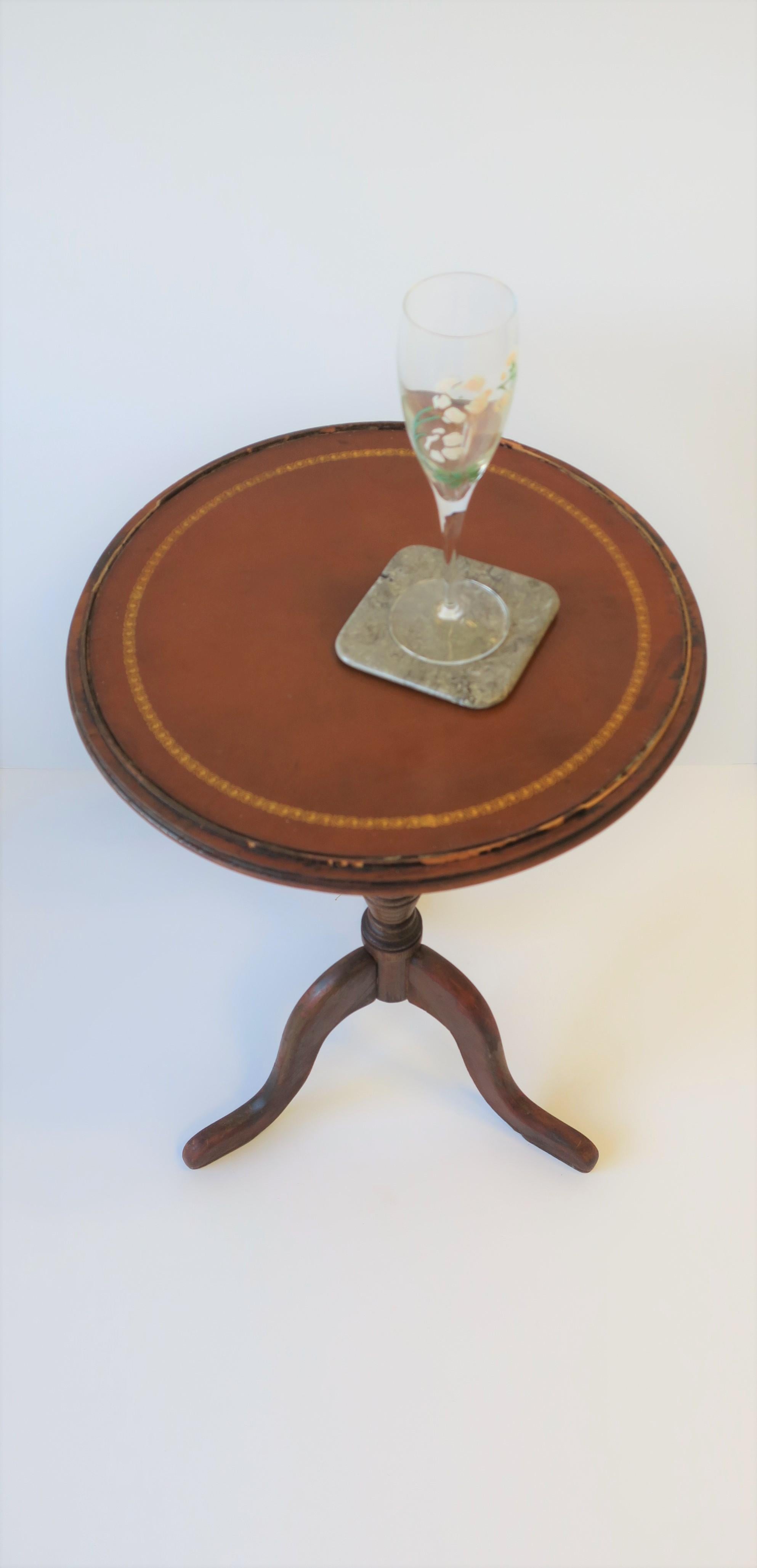 Embossed Euro Tripod Leather and Wood Side or Drinks Table