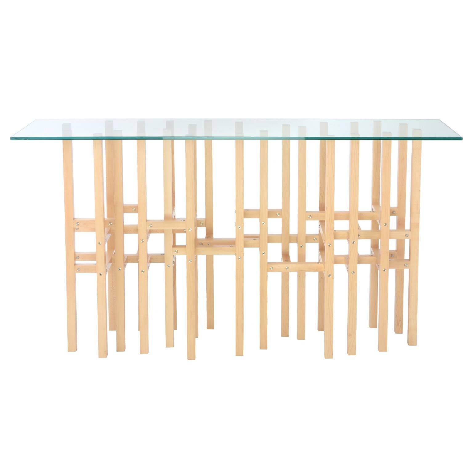 Handmade Modern Hall Table by Peter Harrison, Glass Top Metal & Maple Wood