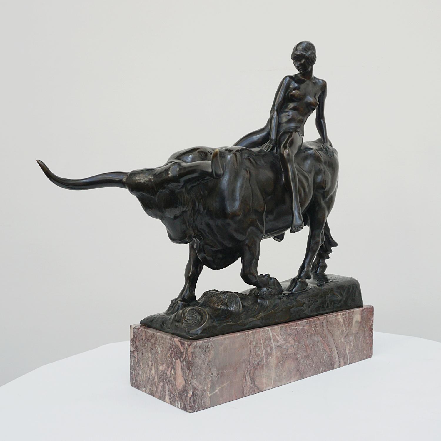 German 'Europa and the Bull' Bronze Art Deco Sculpture by a H Hussmann