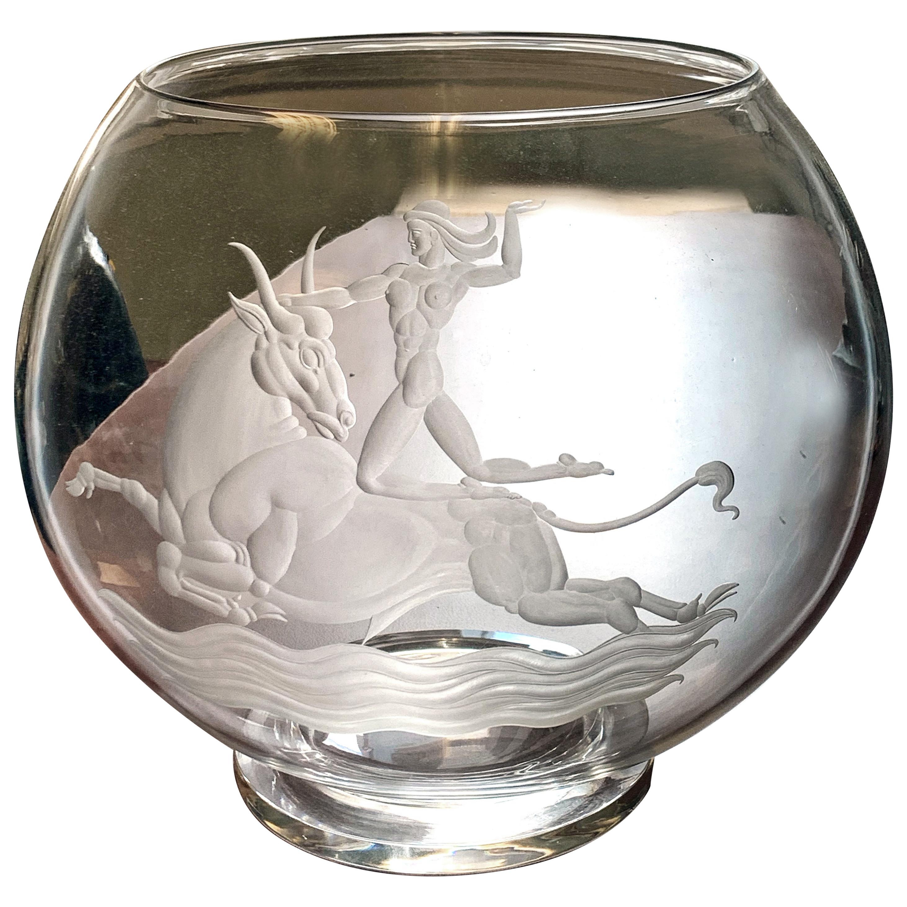 „ Europa & der Stier“, Art-Déco-Meisterwerk aus graviertem Glas von Waugh für Steuben, Art déco