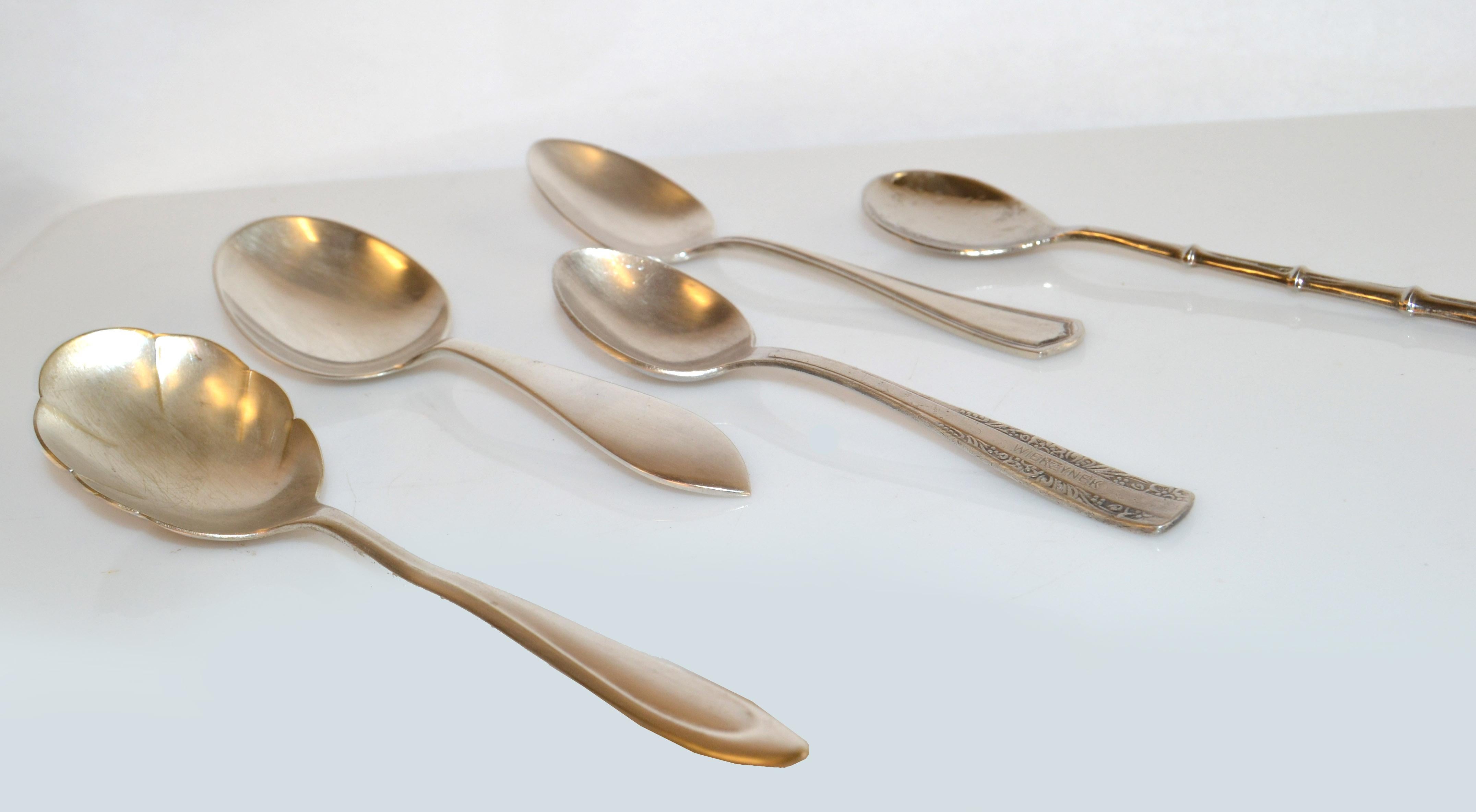 19th Century Europe and USA Collection 5 Tea Baby Spoons Marked Sterling Silver Plate Spoons For Sale