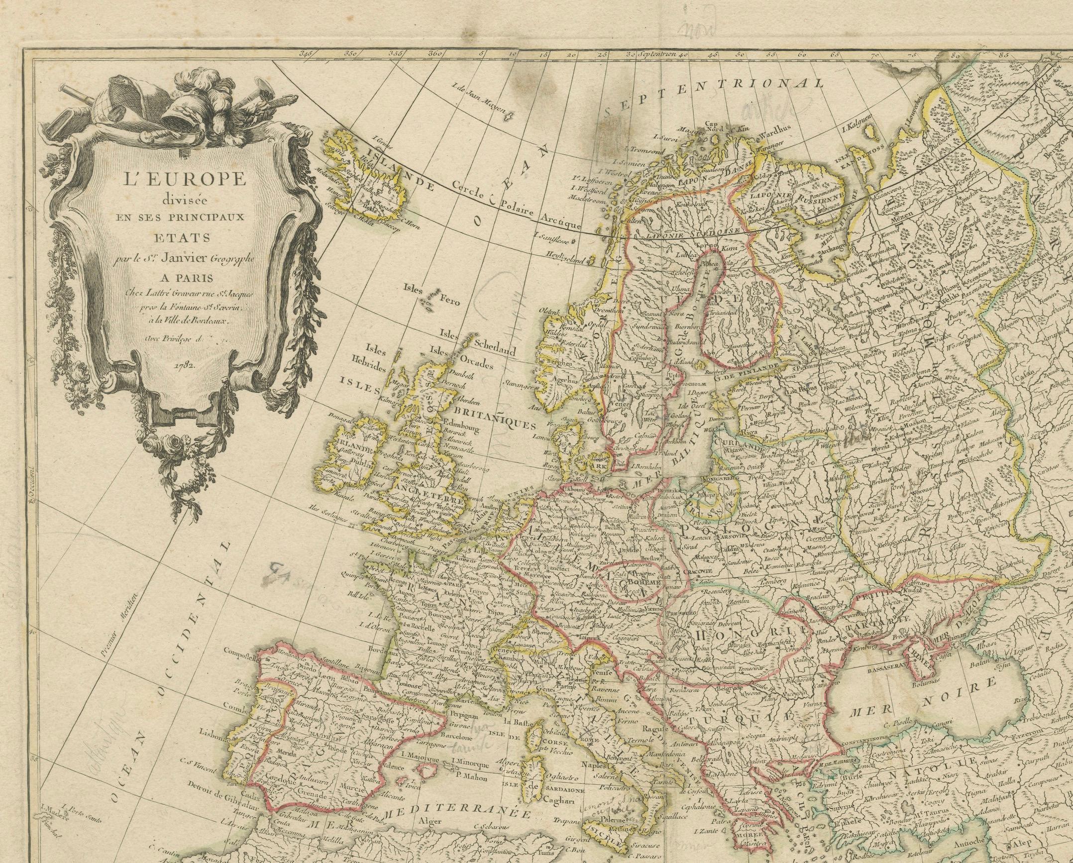 Gravé Europe divisée en États principaux par Jean Denis Janvier, Paris, 1782 en vente