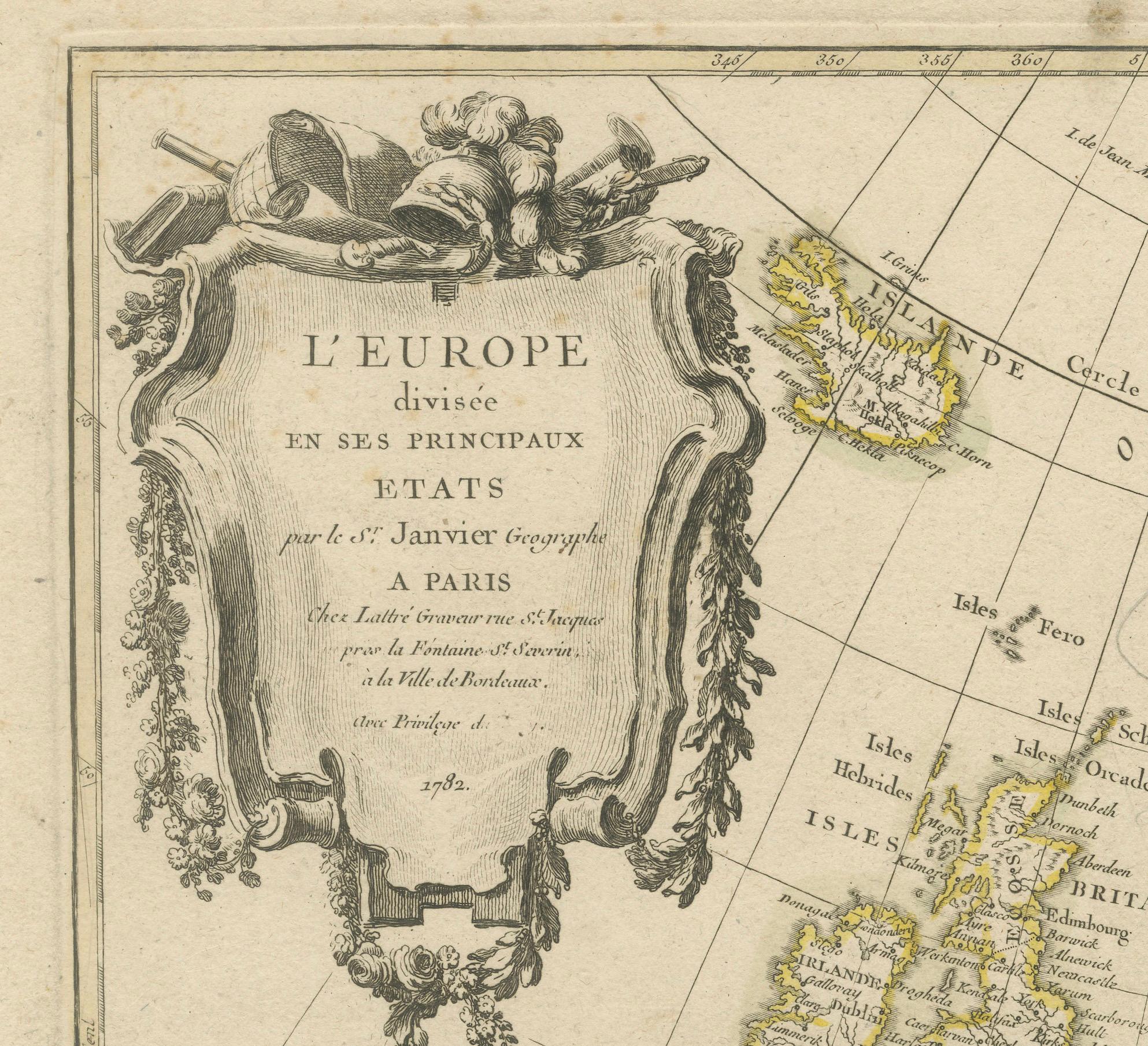 Papier Europe divisée en États principaux par Jean Denis Janvier, Paris, 1782 en vente