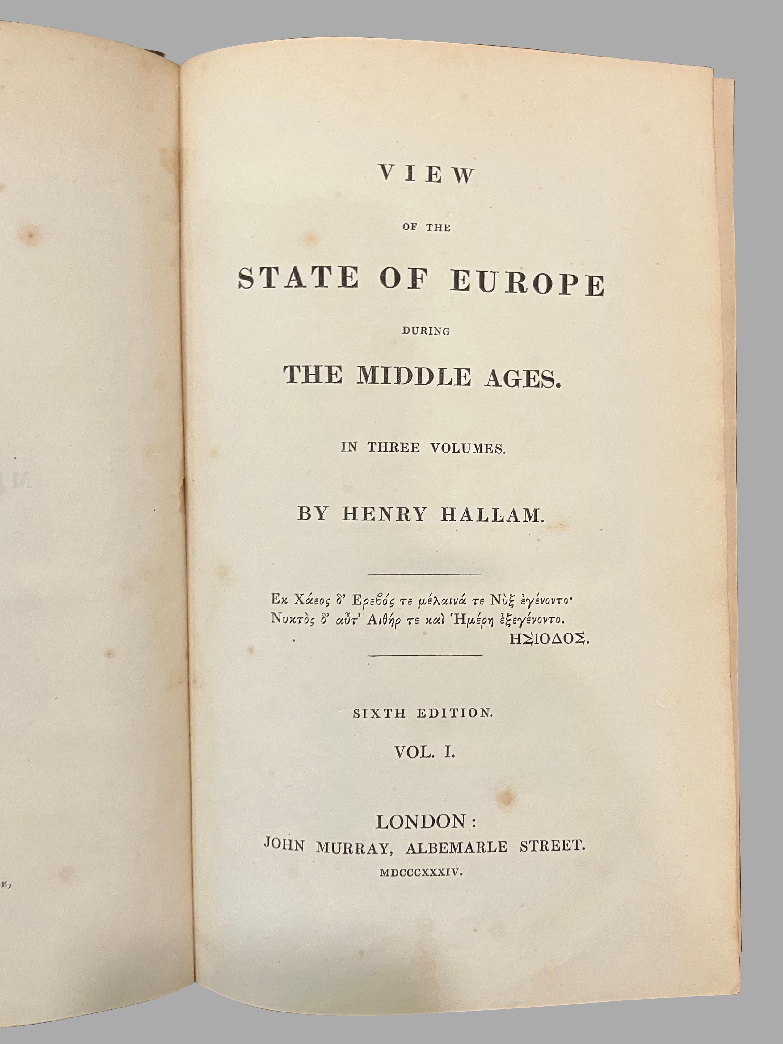 Cuir Europe au Moyen Âge par Henry Hallam 3 Volumes reliés en cuir en vente