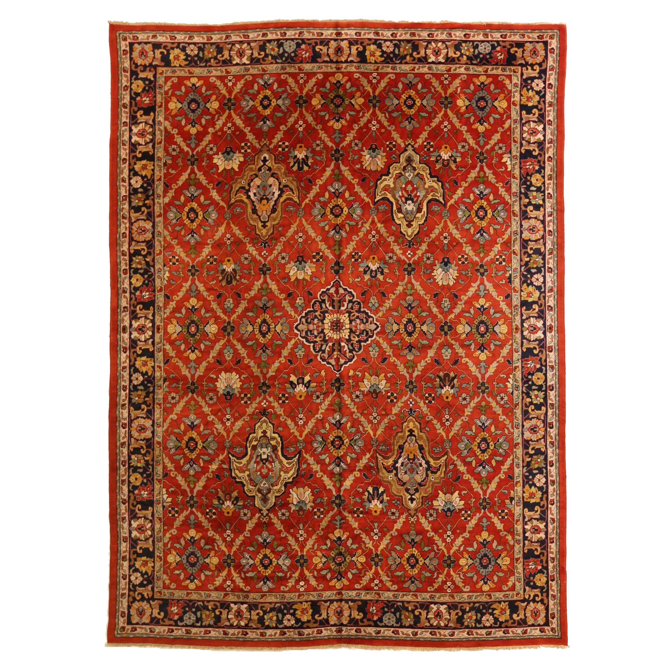 Europe Europian Area Rugs Circa 1910 - Wool Ivory Navy Blue Red 72104 For Sale