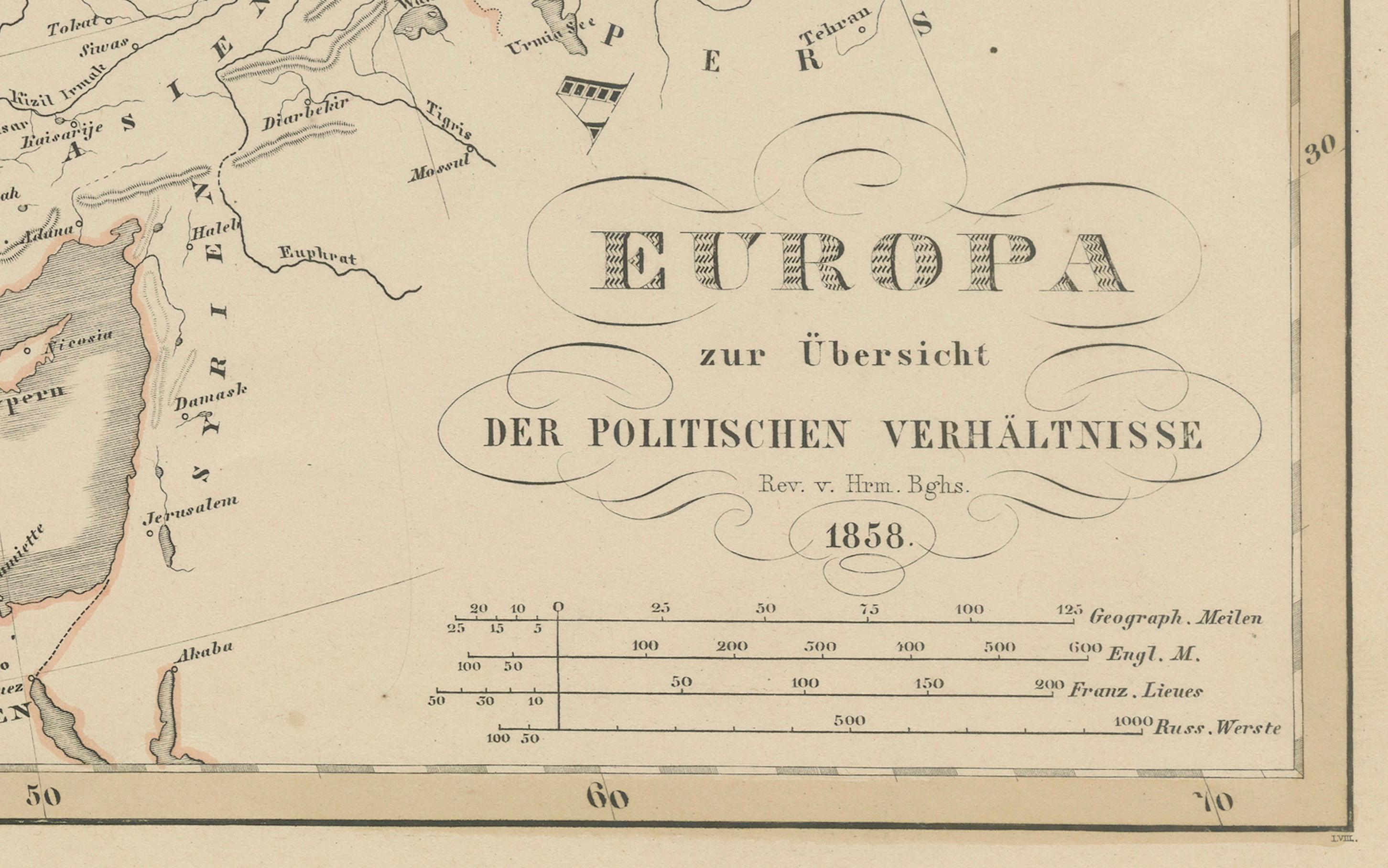 Carte de l'Europe - Divisions politiques et frontières, publiée en 1858 Bon état - En vente à Langweer, NL