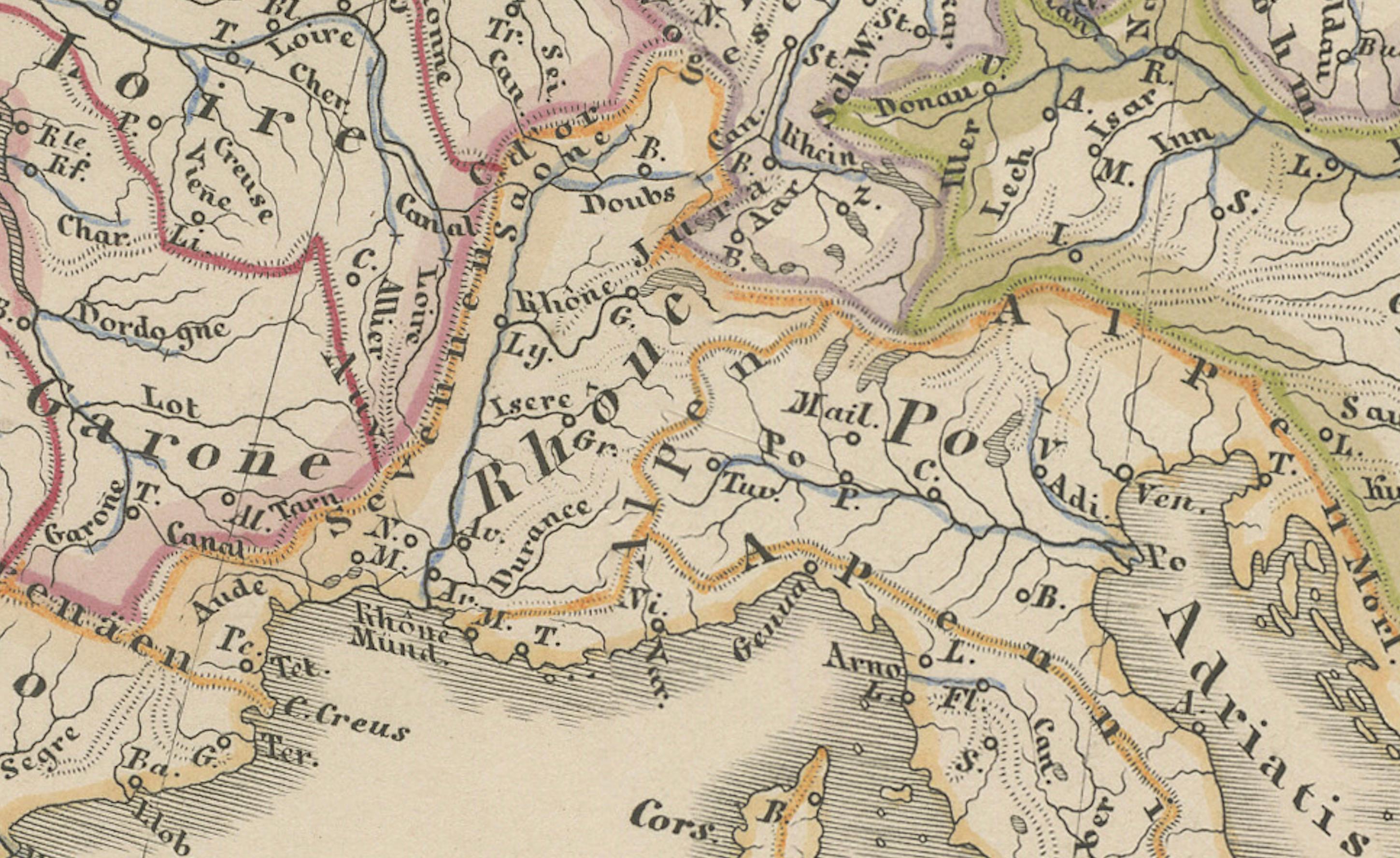 Allemand Carte d'Europe - Rivières, bassins versants et altitude, publiée en 1857 en vente