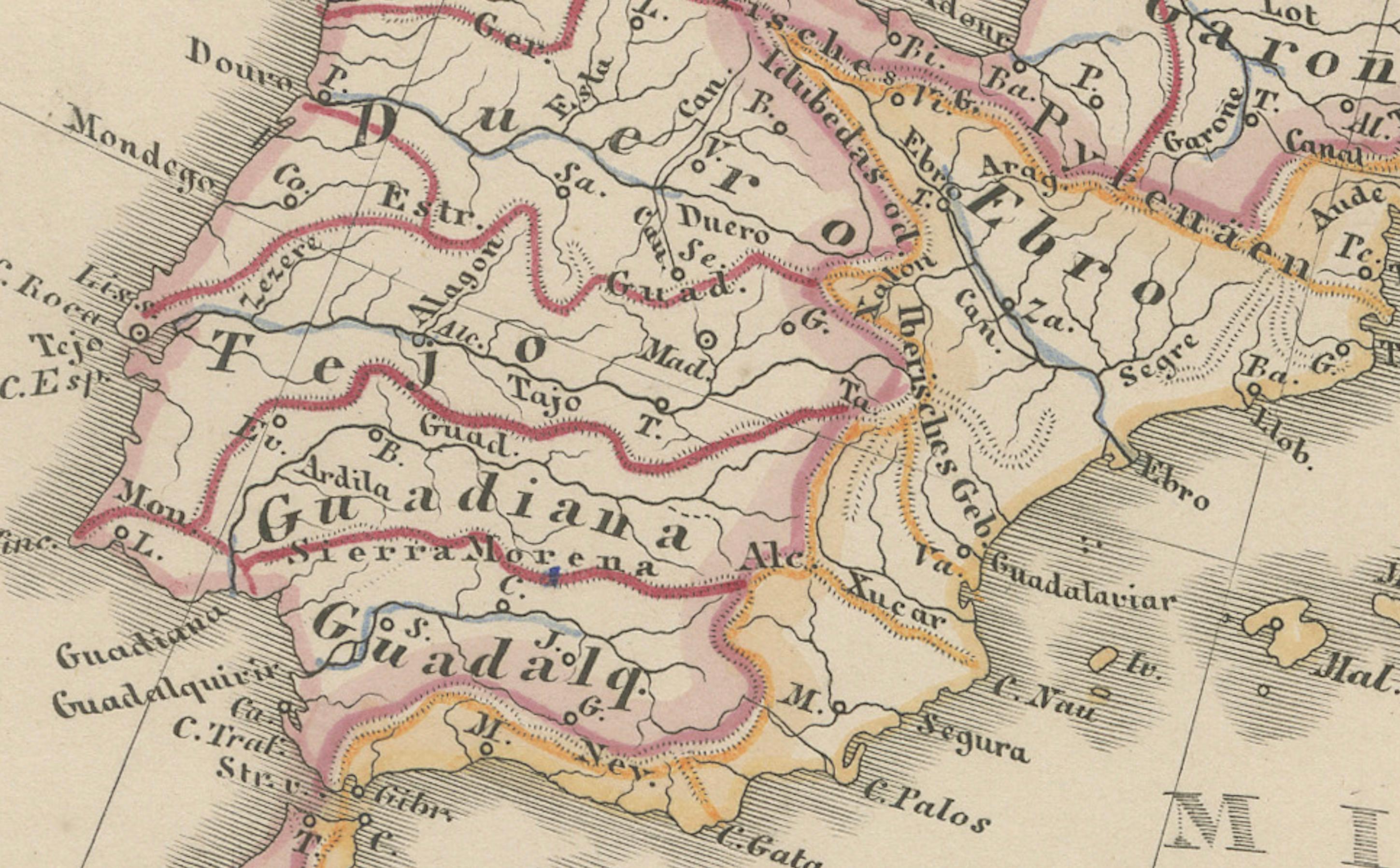 Gravé Carte d'Europe - Rivières, bassins versants et altitude, publiée en 1857 en vente