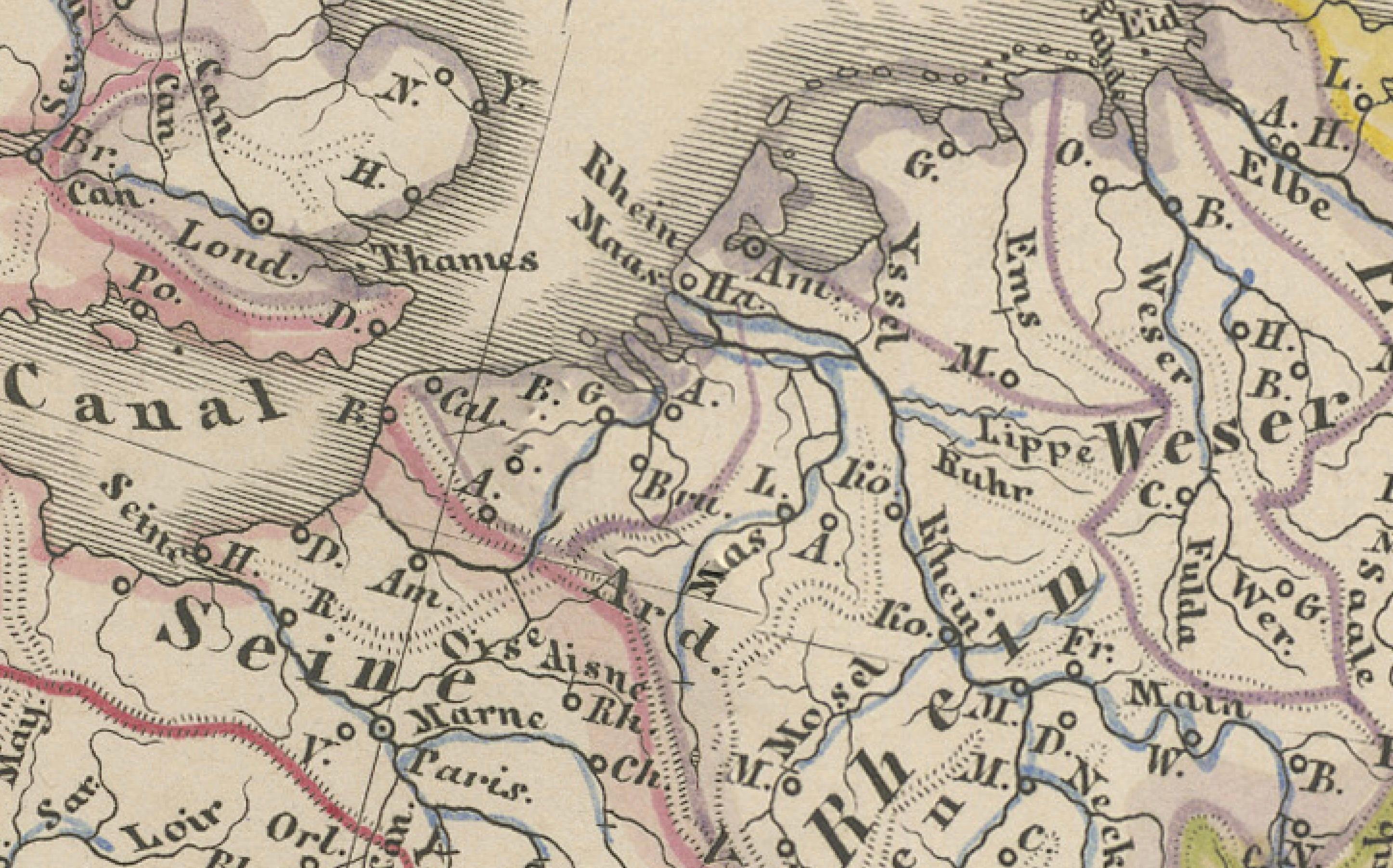 Carte d'Europe - Rivières, bassins versants et altitude, publiée en 1857 Bon état - En vente à Langweer, NL